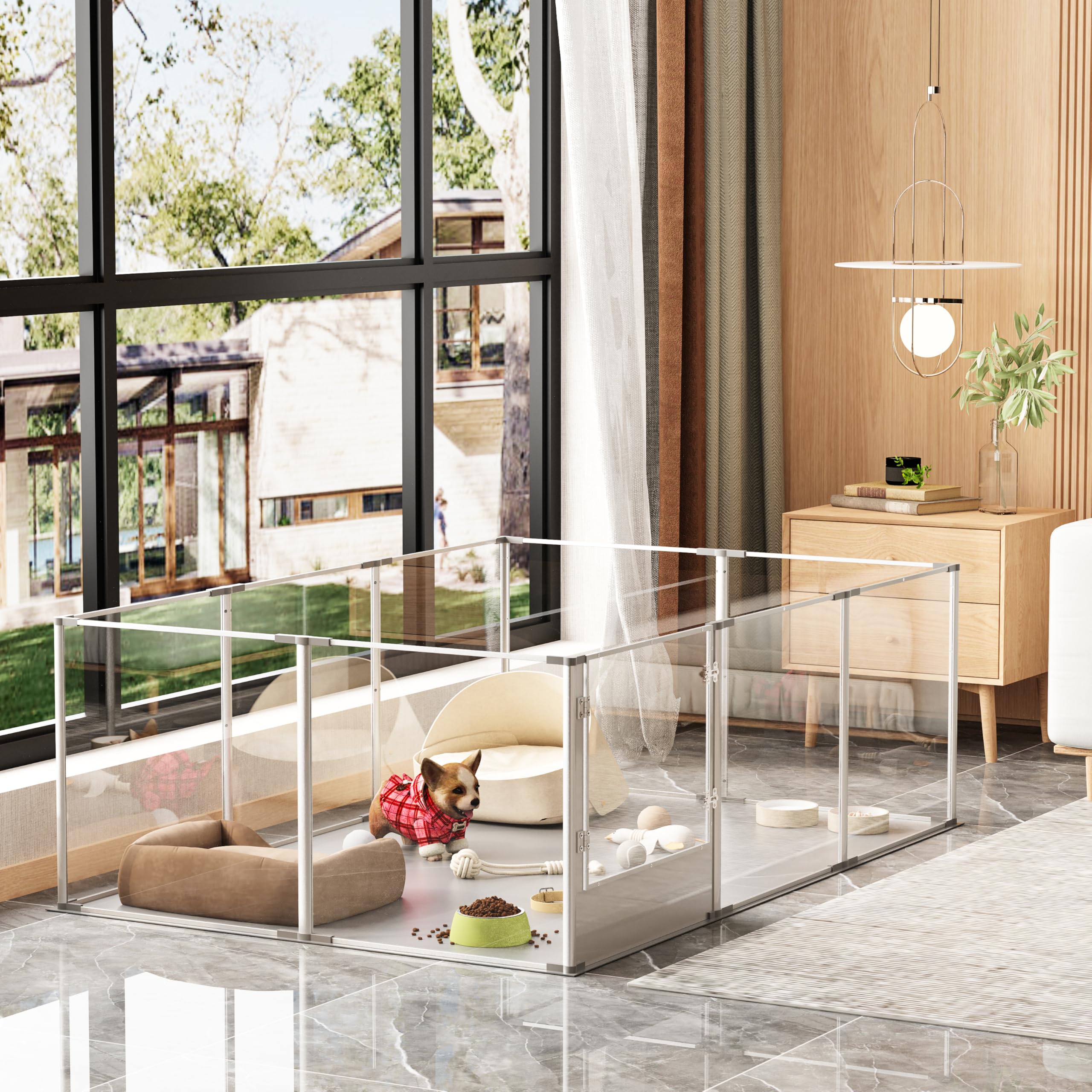 Dog Clear Playpen Fence Kennel: 10Panels Indoor Transparent Whelping Box Pen Cage With Waterproof Whelping Pad - Extra Long Acry