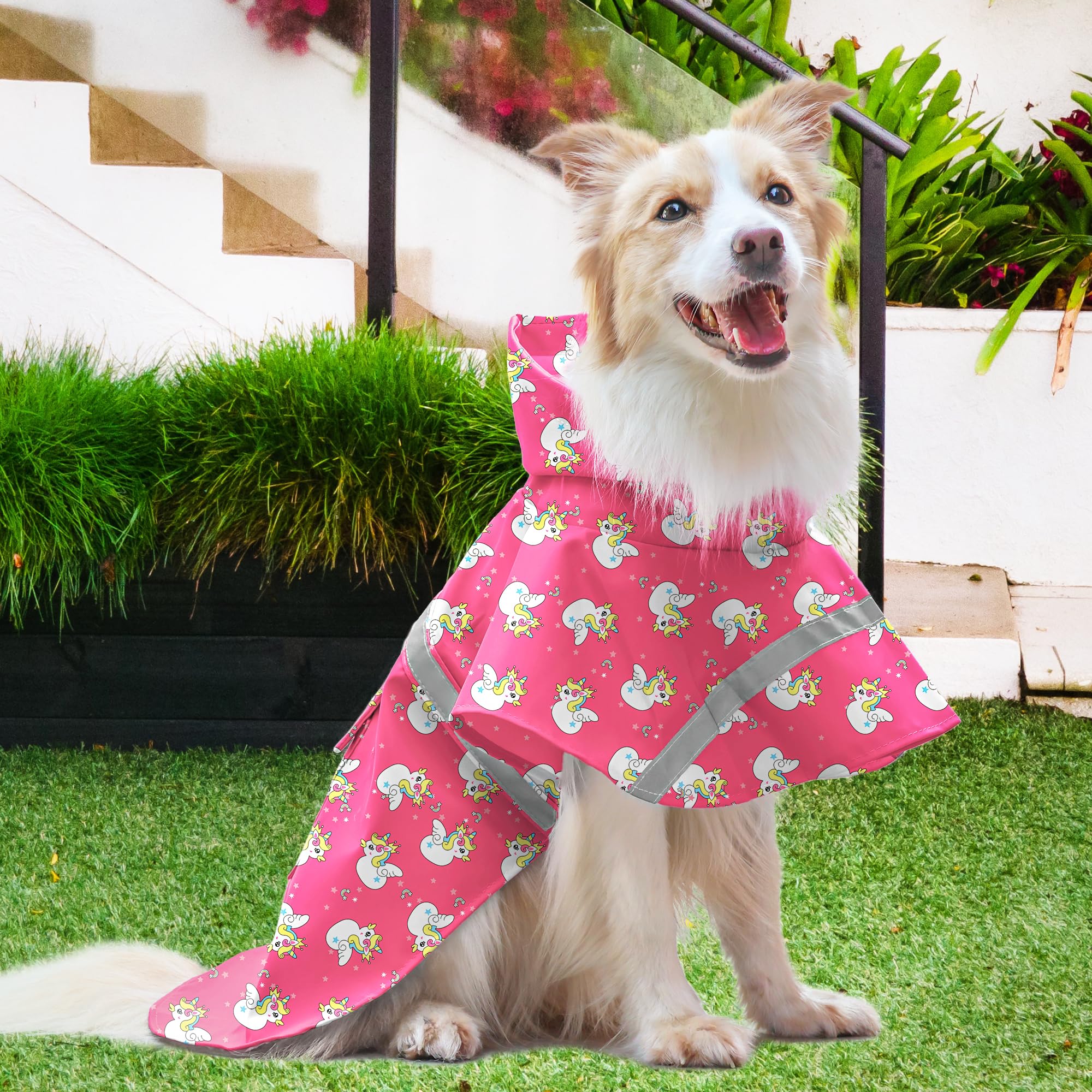 NACOCO Large Dog Raincoat Adjustable - Pet Water Proof Clothes Lightweight Rain Jacket Poncho Hoodies with Strip Reflective Pink