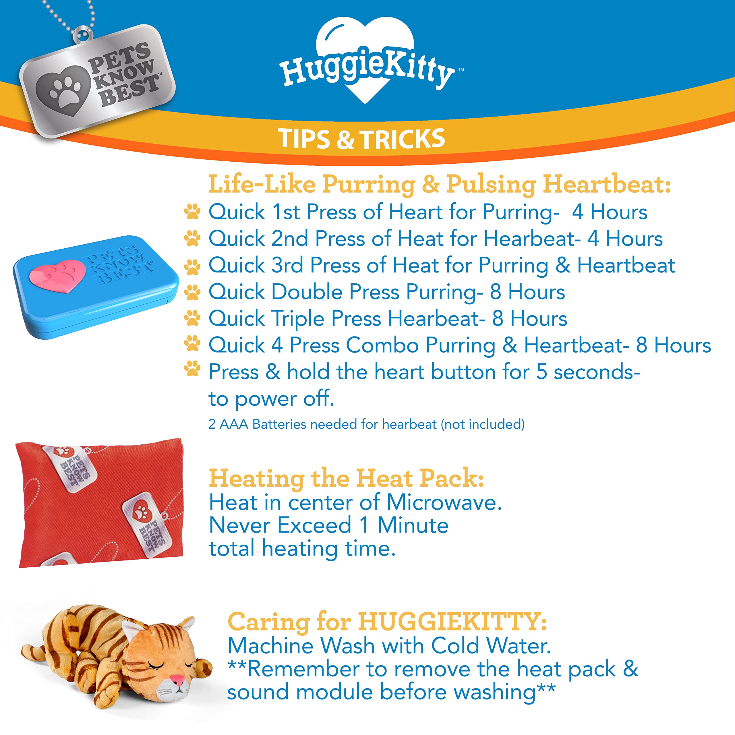 Pets Know Best Huggiekitty Cuddly Cat Toy, Soothing Sound & Warmth Help Relax & Comfort Your Pet- Purr & Heartbeat, Heating Pack