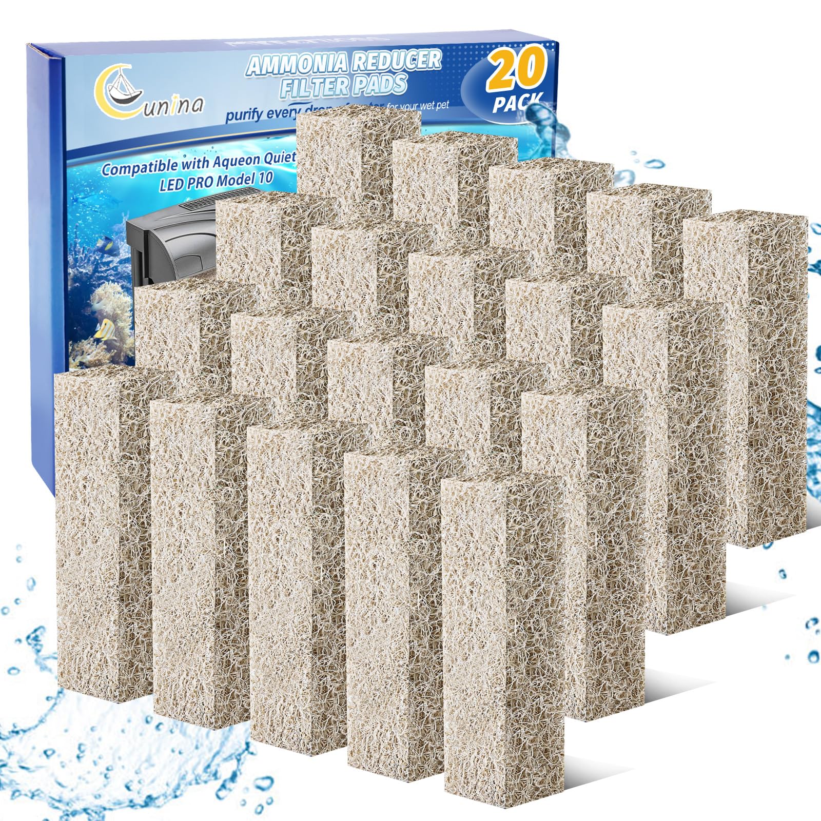 Cunina 20Pcs Ammonia Reducer Filter Pads Compatible With Aqueon Filter 10, Fish Tank Filters Replacement Filter Cartridges For A