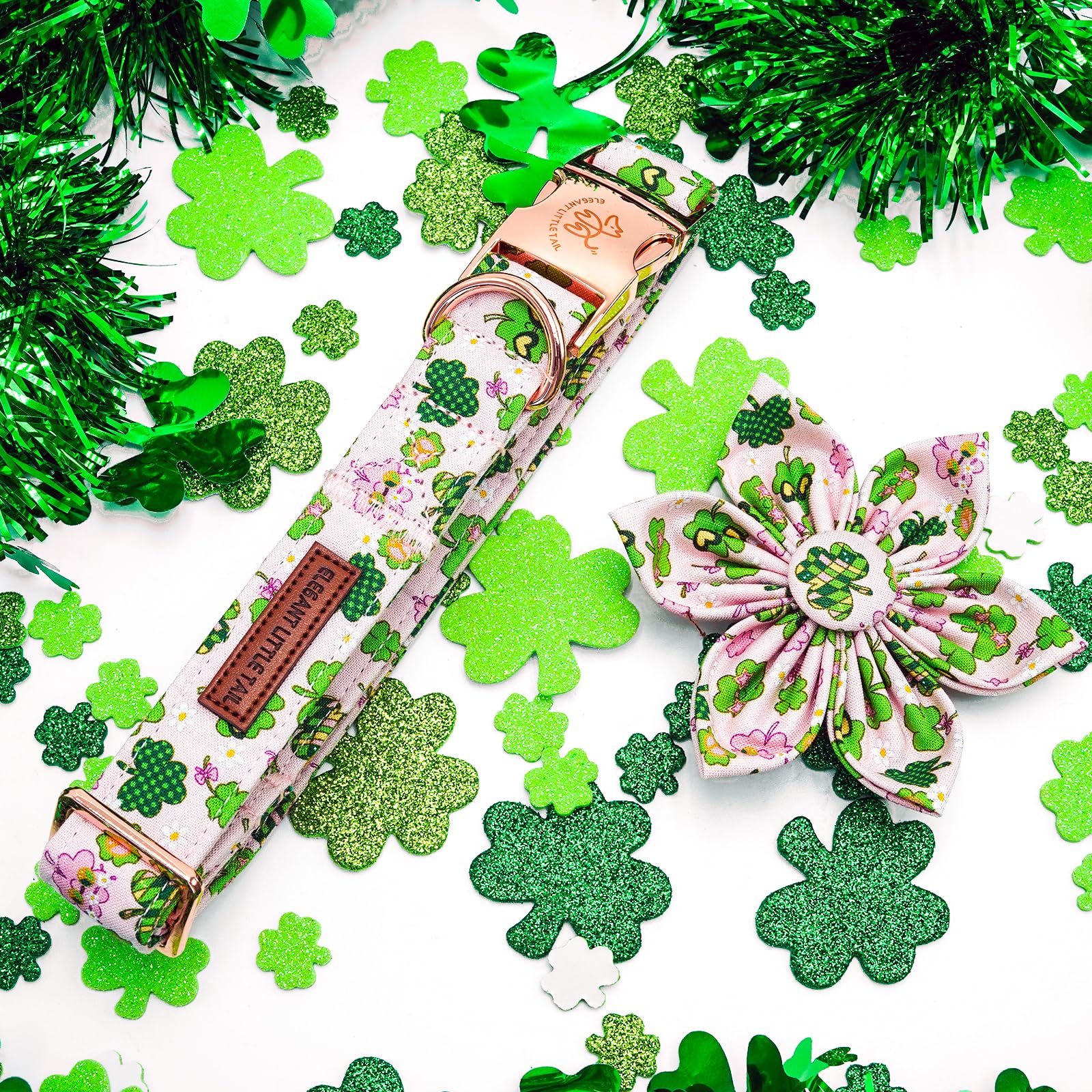 Elegant little tail St Patrick's Dog Collar with Flower Pink Cute Colver Cotton Shamrock Pet Collar Trefoil Puppy Collar Flower