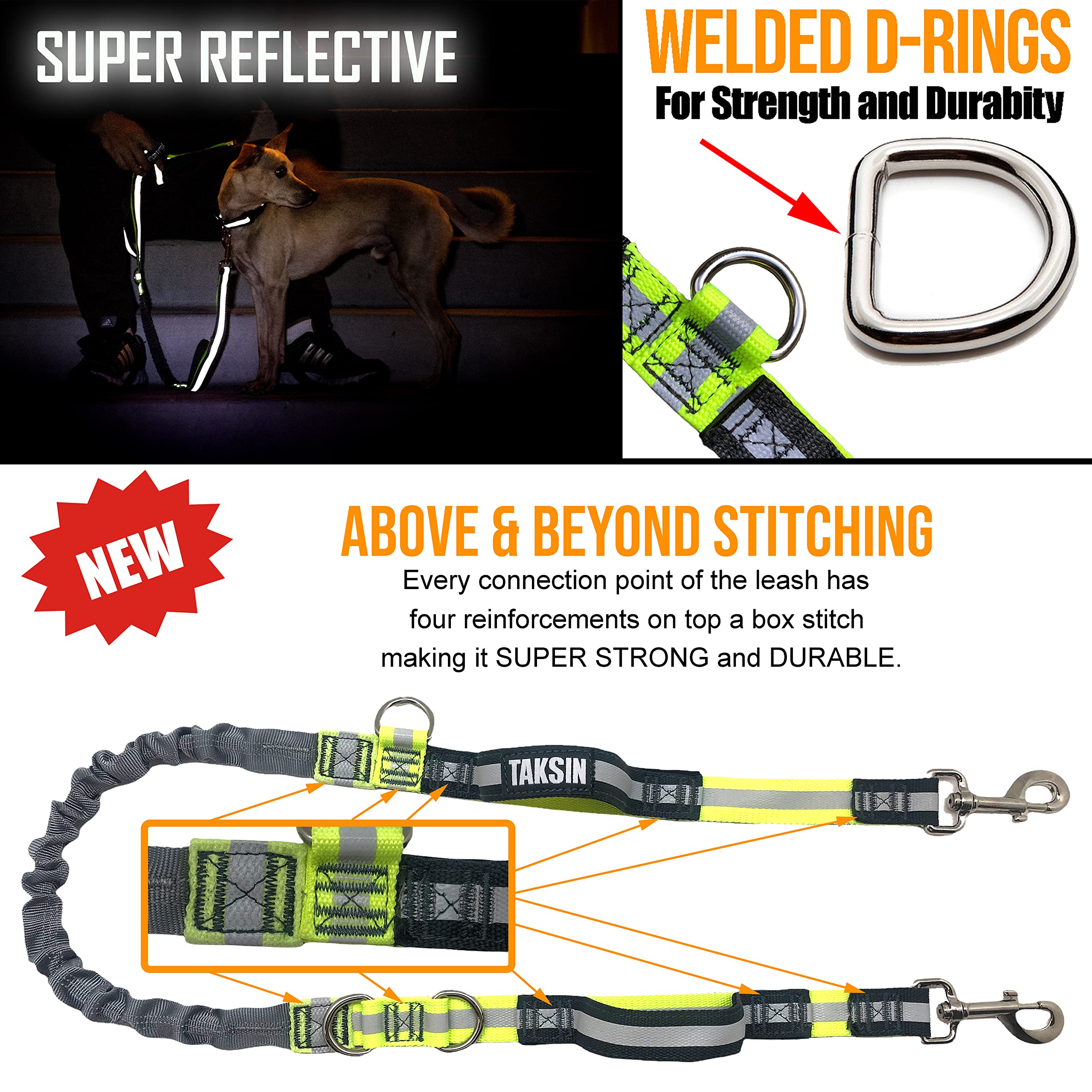 TAKSIN The Ultimate Hands Free Two Dogs Double Leash System for Walking Running Hiking Training, Reflective Bungee Leash, Treat