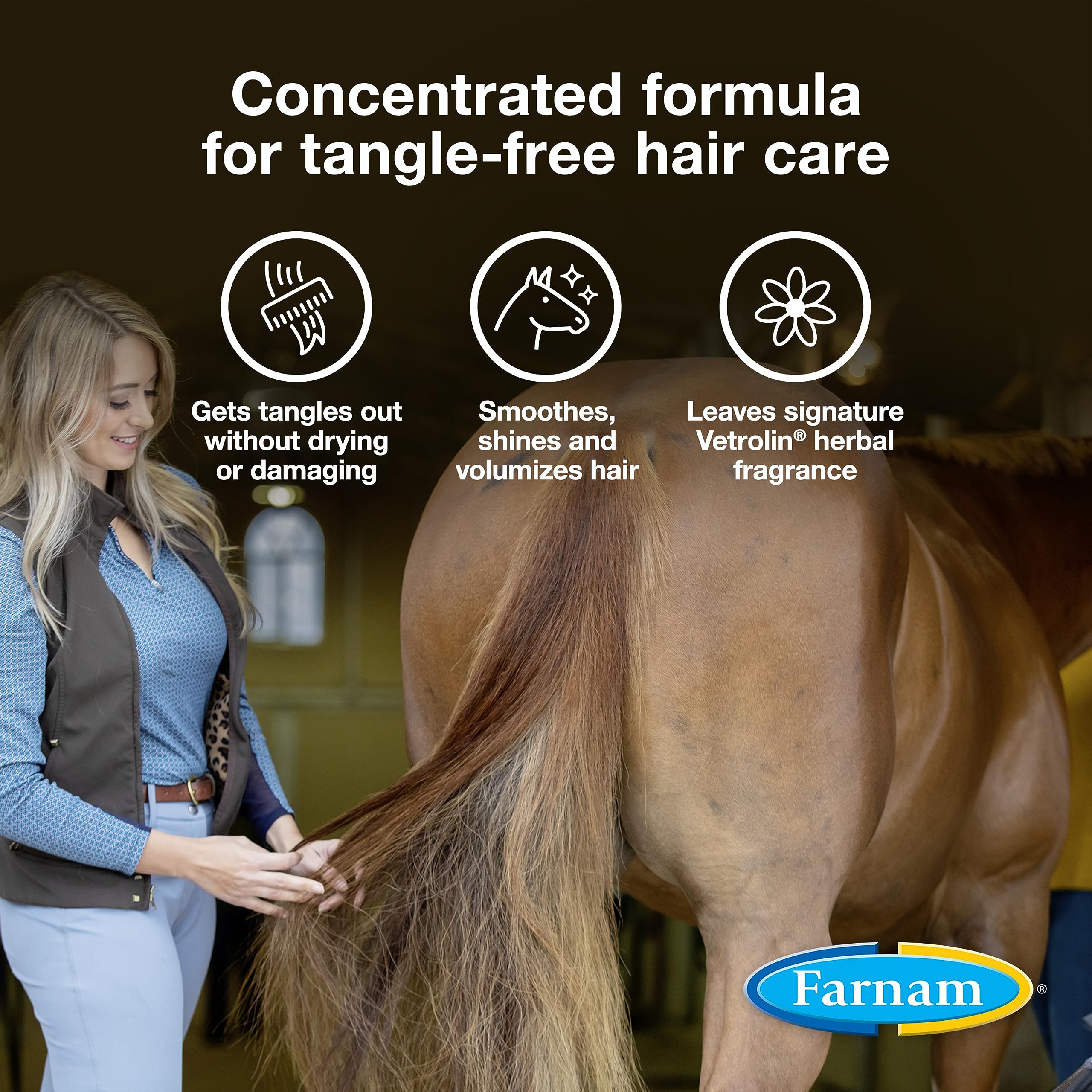 Farnam Vetrolin Concentrated Instant Horse Detangler And Conditioner For Mane And Tail, Use On Horses Or Dogs, Removes Tangles And Adds Volume, 12 Oz.