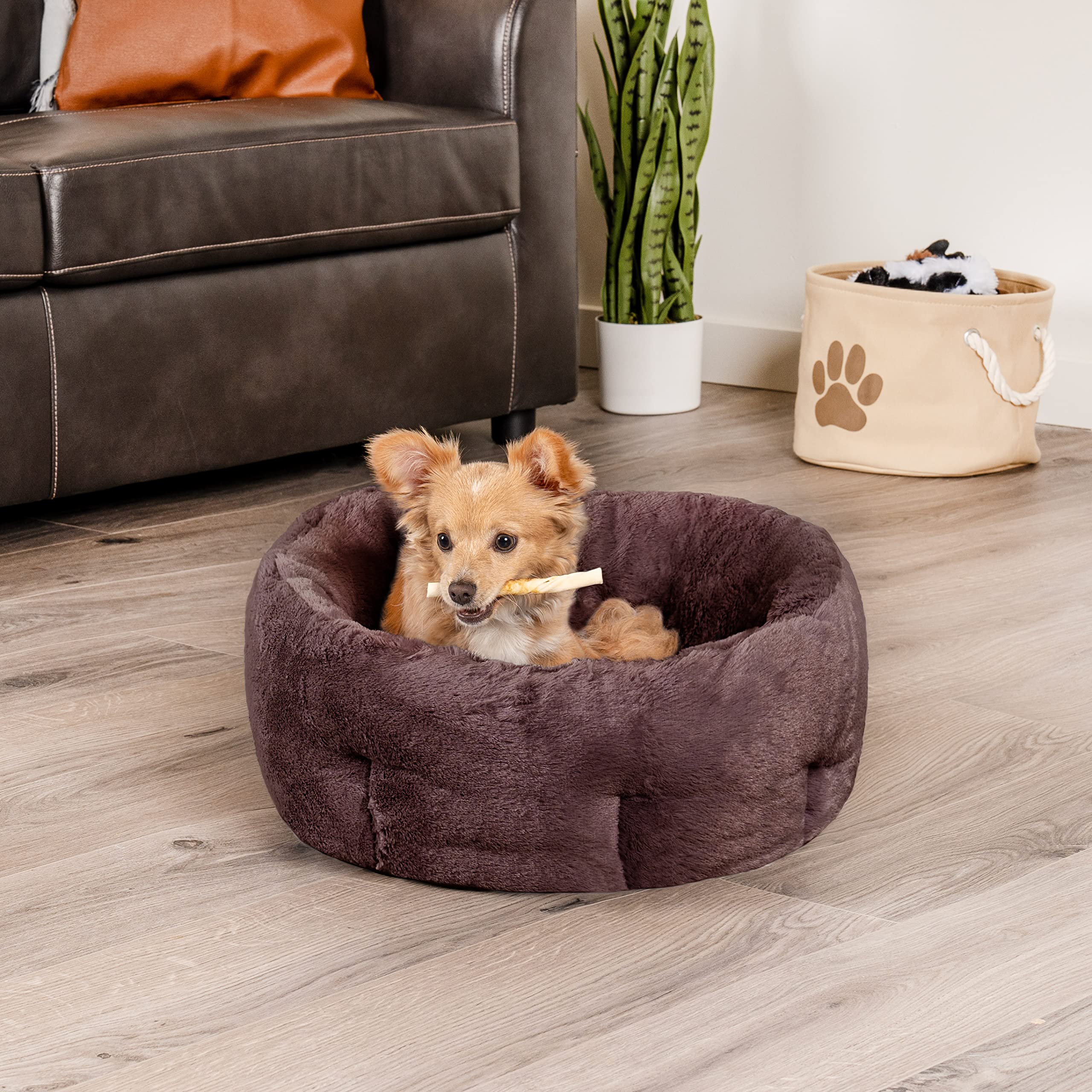 Furhaven 20' Round Self-Warming Pet Bed For Indoor Cats & Small Dogs, 100% Washable, For Pets Up To 20 Lbs - Hi Lo Plush Luxe Faux Fur Cuddler - Sable Brown, Small