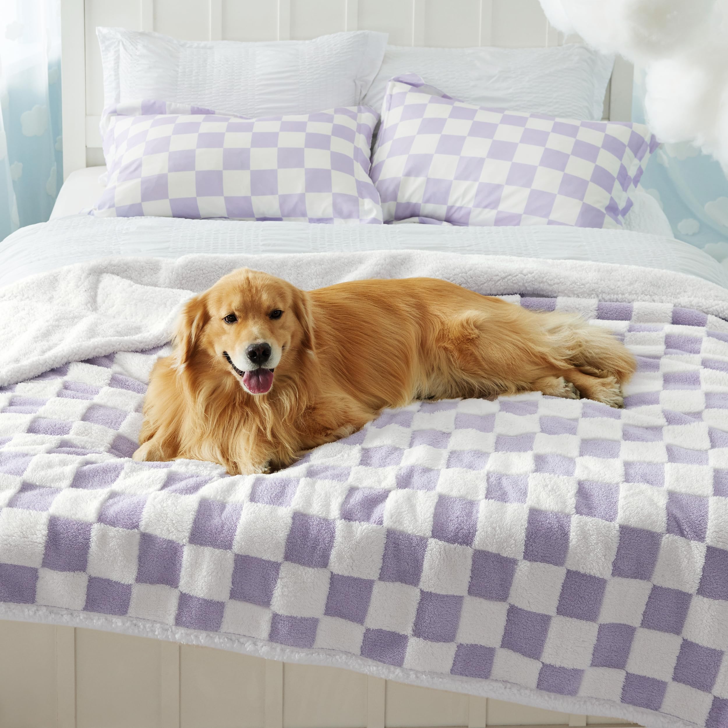 Lesure Waterproof Dog Blanket For Large Dogs - Washable Double Sided Dog Blankets With Warm Jacquard Shag And Soft Sherpa Fleece, Pet Cat Blanket For Bed Protection, 3D Textured Cloud, Purple