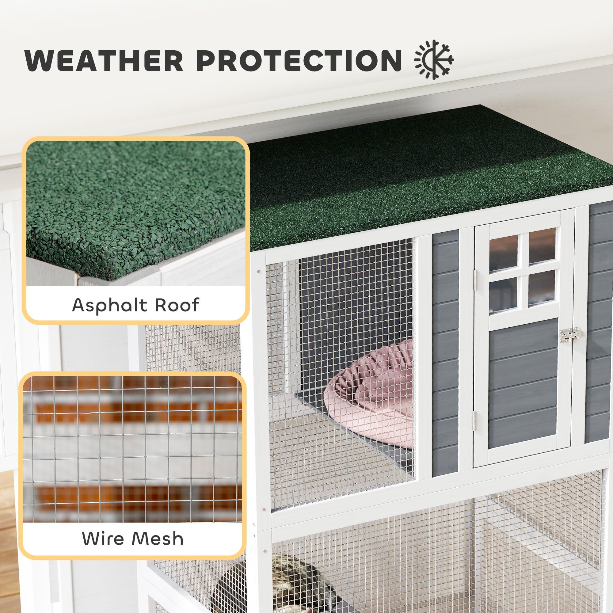 PawHut 74 Wooden Catio Outdoor Cat House Weatherproof & Wheeled, Outside Cat Enclosure with High Weight Capacity, Kitten Cage Co