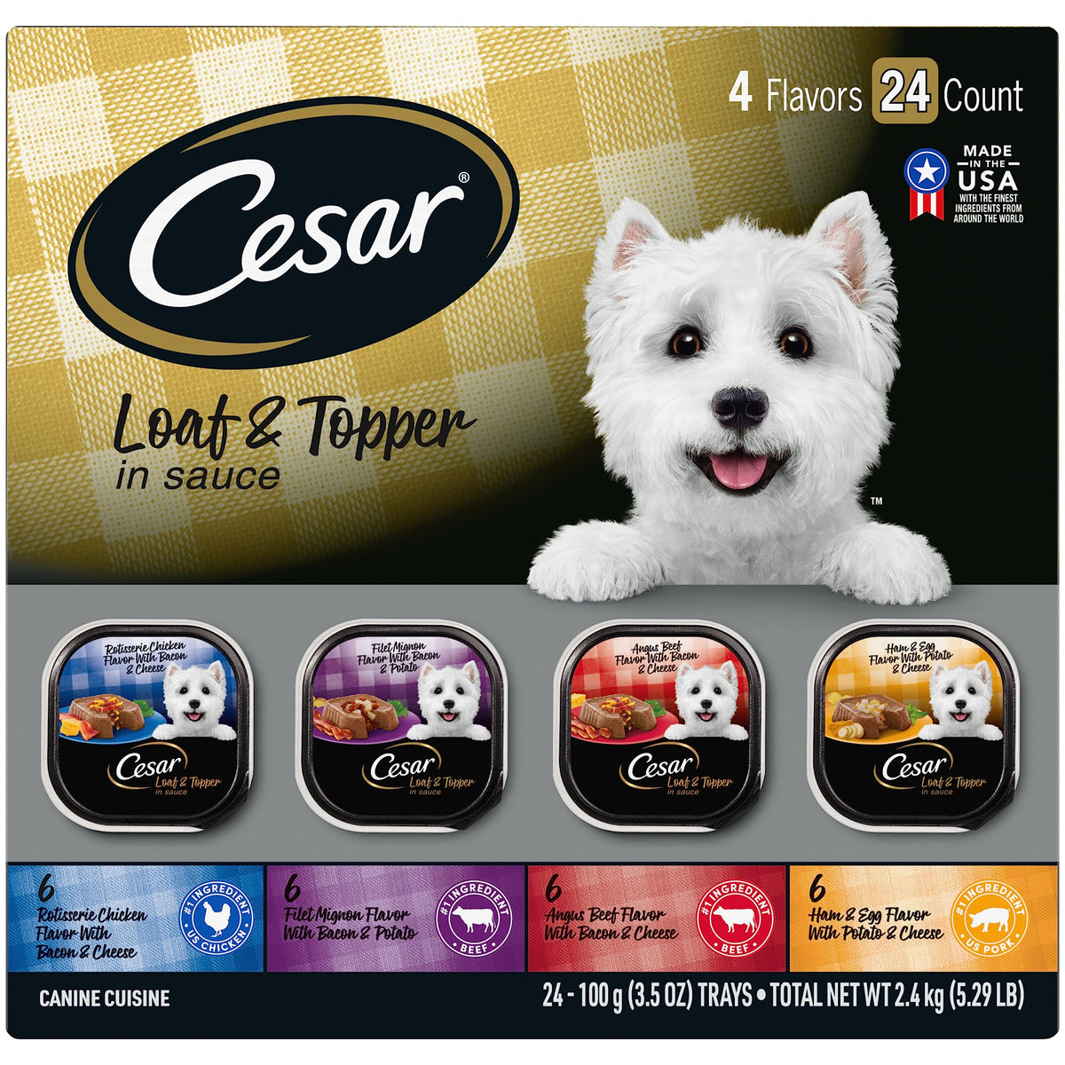 Cesar Adult Wet Dog Food Loaf In Sauce Rotisserie Chicken, Filet Mignon, Angus Beef, And Ham & Egg Flavors Variety Pack, 3.5 Oz. Easy Peel Trays, (Pack Of 24)