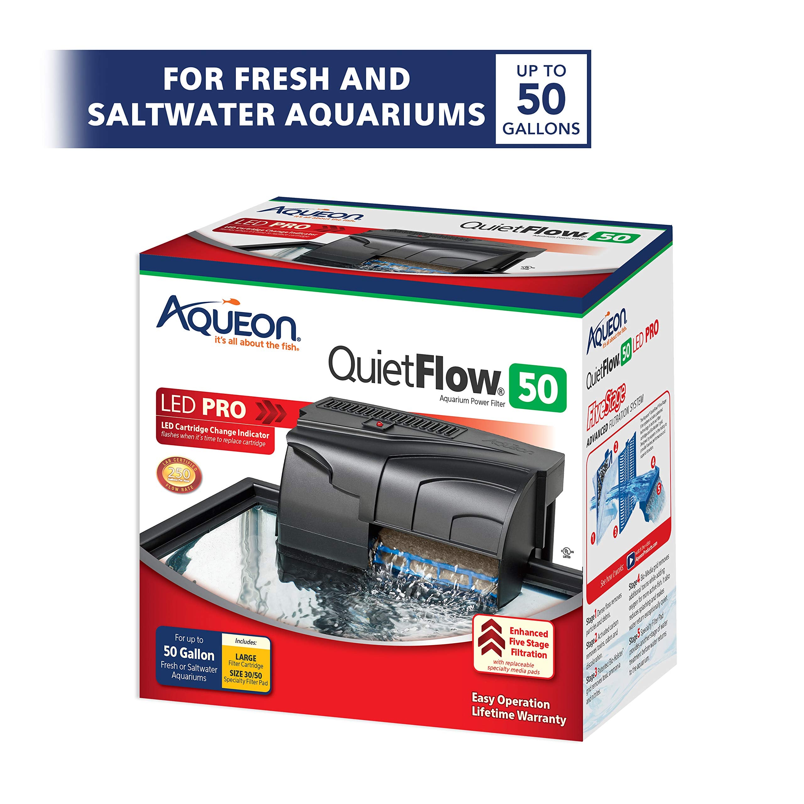 Aqueon Quietflow 50 Led Pro Aquarium Fish Tank Power Filter For Up To 50 Gallon Aquariums
