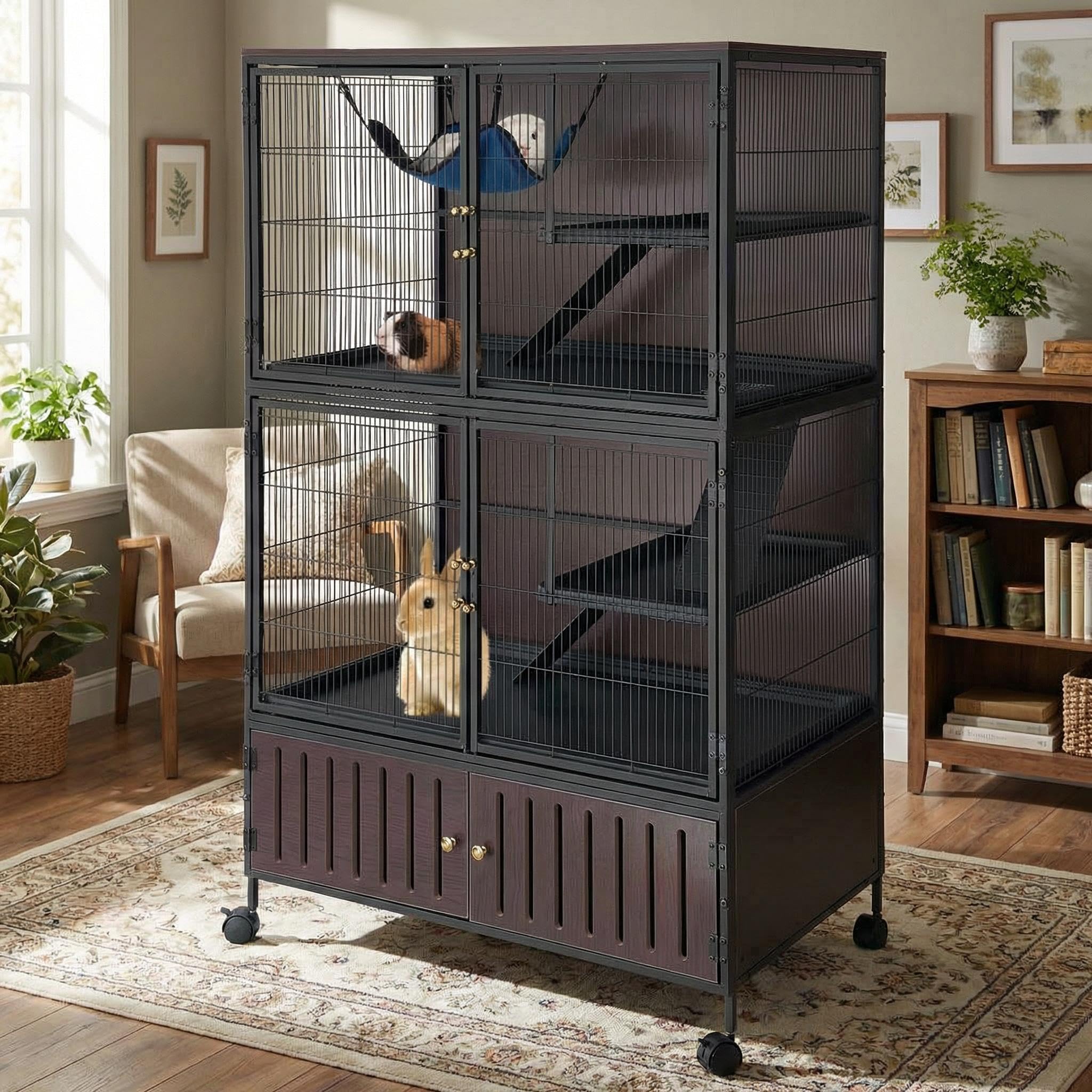 60 Large Ferret Cage, Multi-Level Small Animal Mansion with 4 Wheels, 3 Metal Ramps & Hammock for Chinchillas, Rabbits, Guinea P