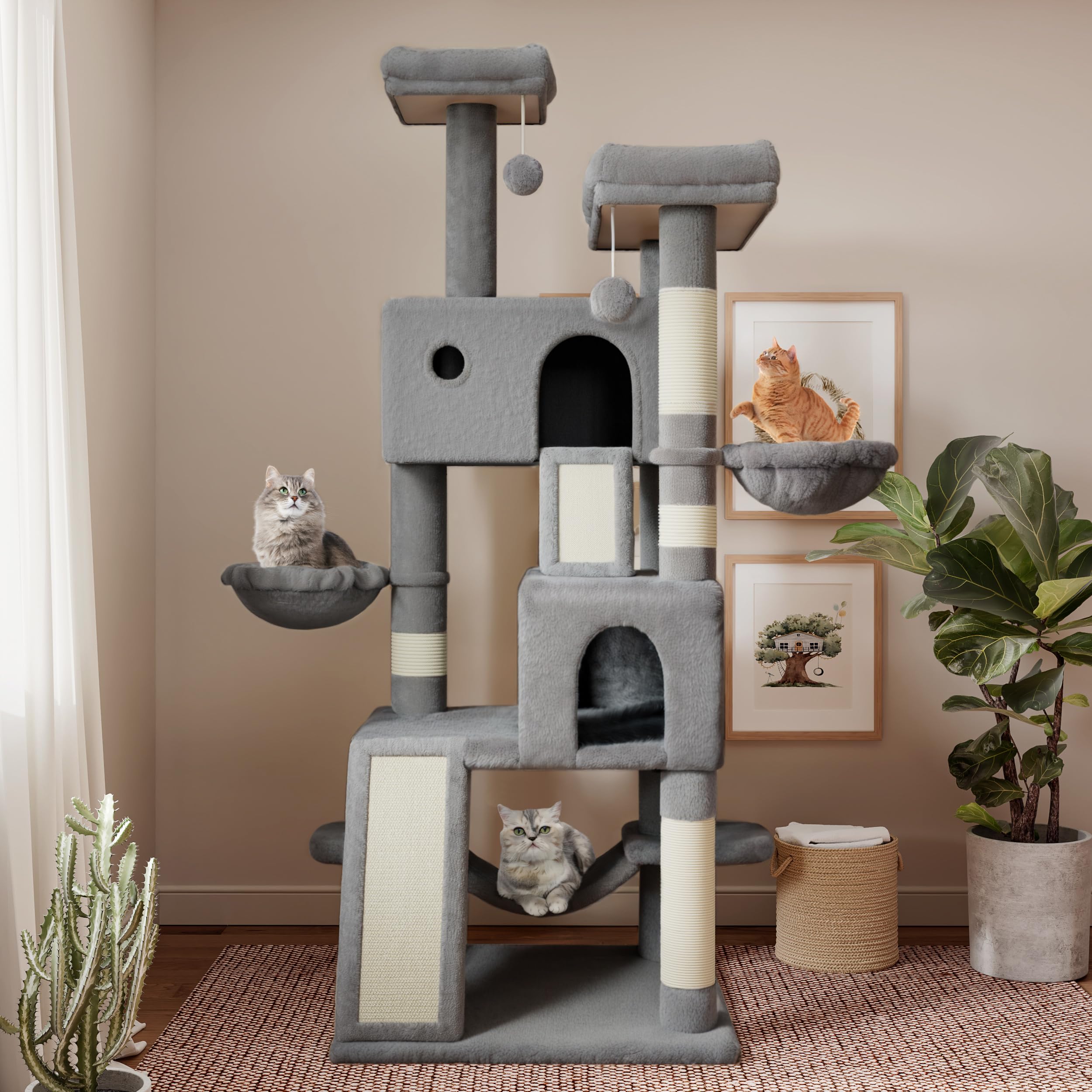 Sha Cerlin 65In Larger Cat Tree Tower Condo For Indoor Kitties/Multi-Level Furniture Activity Center With Wide Base/Cozy Plush Cat Perches/Baskets/Sisal Scratching Posts And Hammock/Grey
