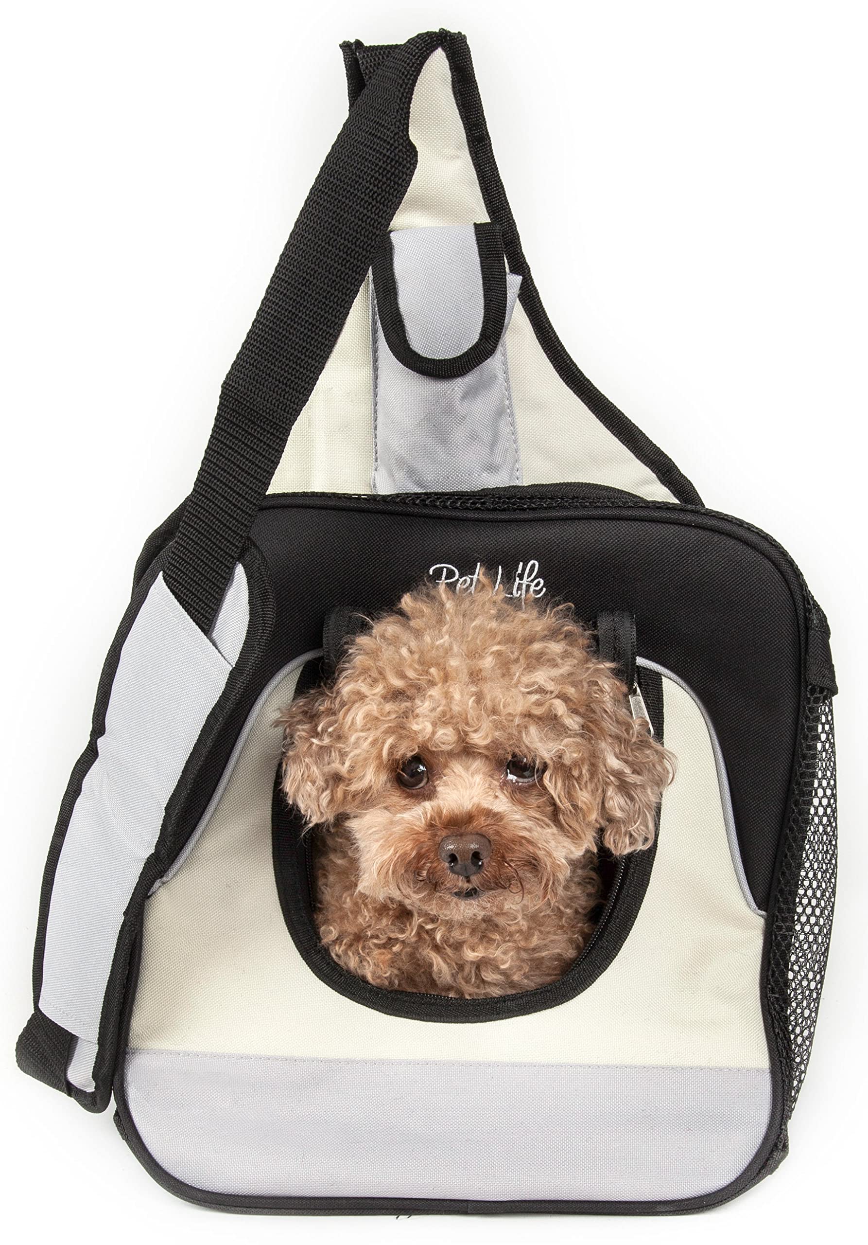 Pet Life Single Strap Over-The-Shoulder Pet Backpack Dog Carrier - Water-Resistant Dog Backpack or Travel Pet Carrier with Built-in Bottle Holder and Pouch