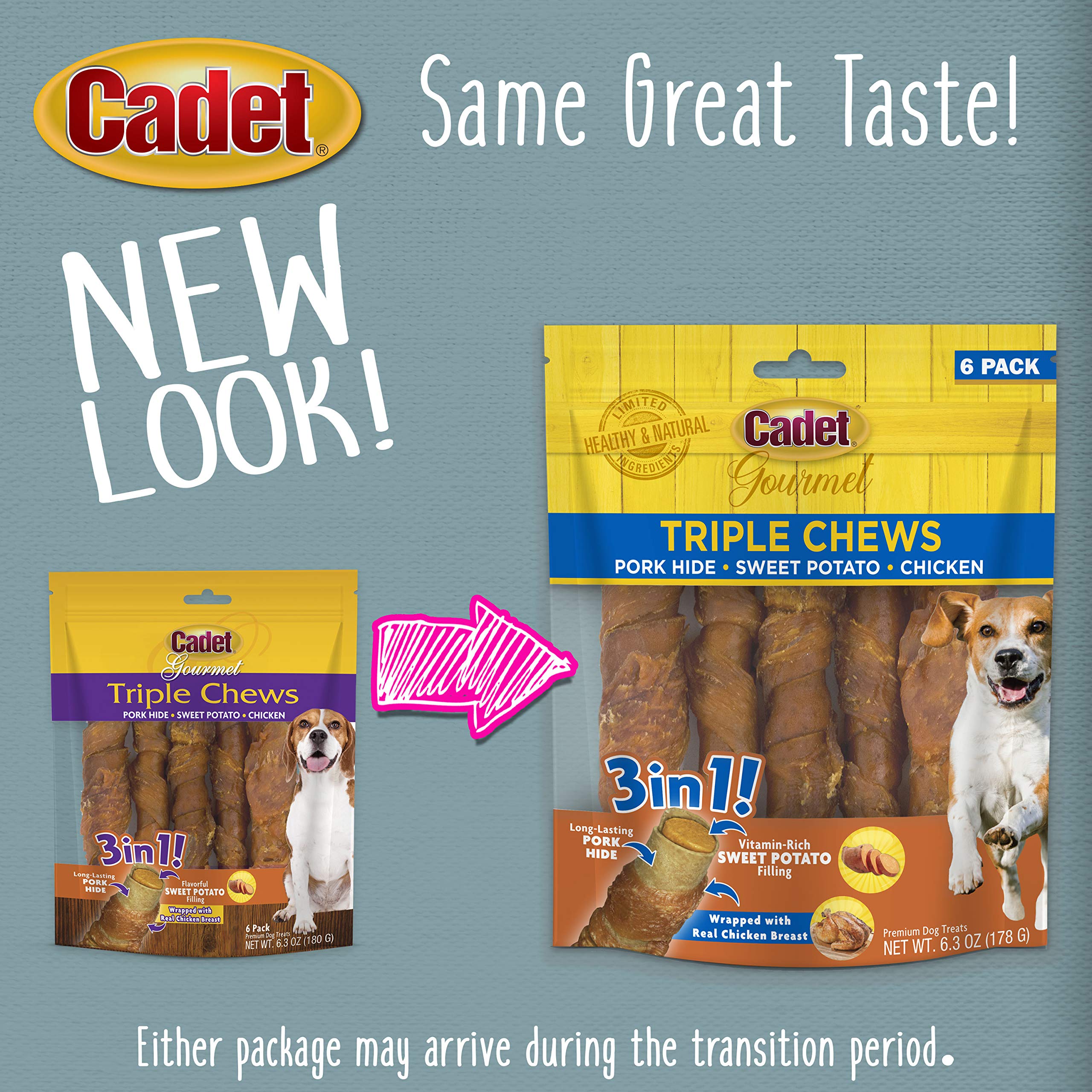 Cadet Gourmet Triple Chews Dog Treats - Long-Lasting Pork Hide Sticks with Sweet Potato & Chicken, 6.3 oz, Healthy for Small & Large Dogs
