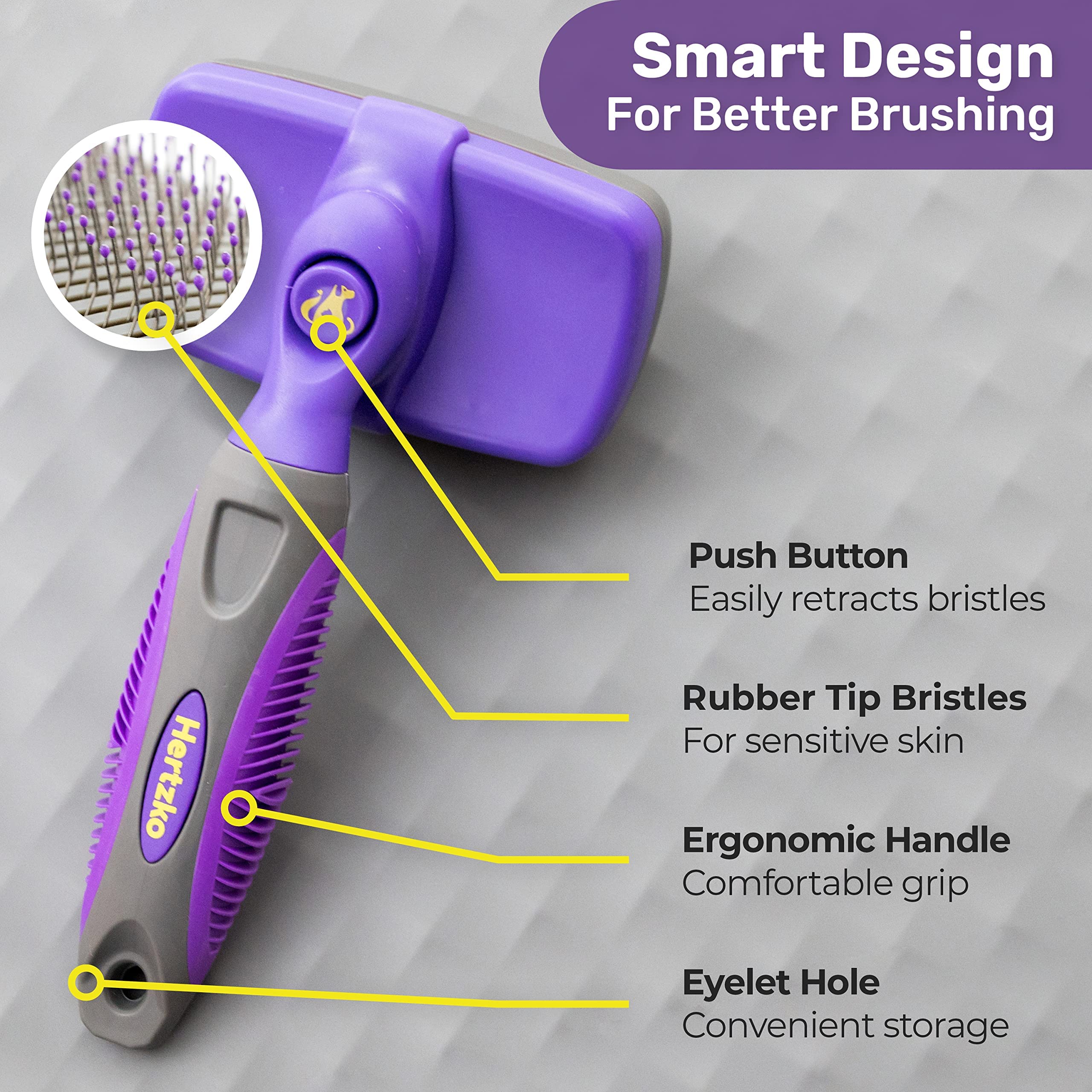 Hertzko Self-Cleaning Slicker Brush for Dogs & Cats - Grooming Tool for Shedding, Sensitive Skin, Regular Size, Purple