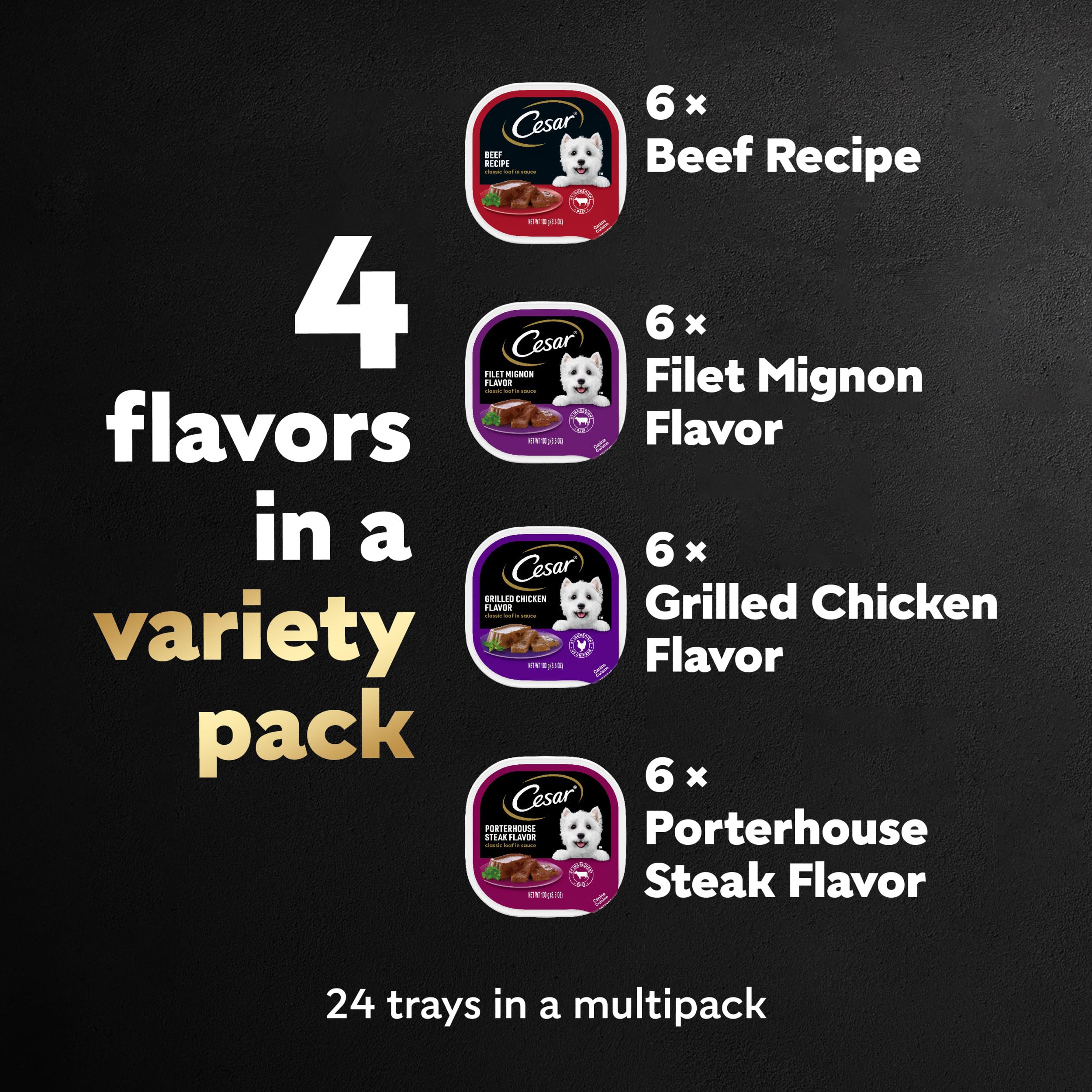 CESAR Adult Wet Dog Food Classic Loaf in Sauce Beef Recipe, Filet Mignon, Grilled Chicken and Porterhouse Steak Variety Pack, 3.