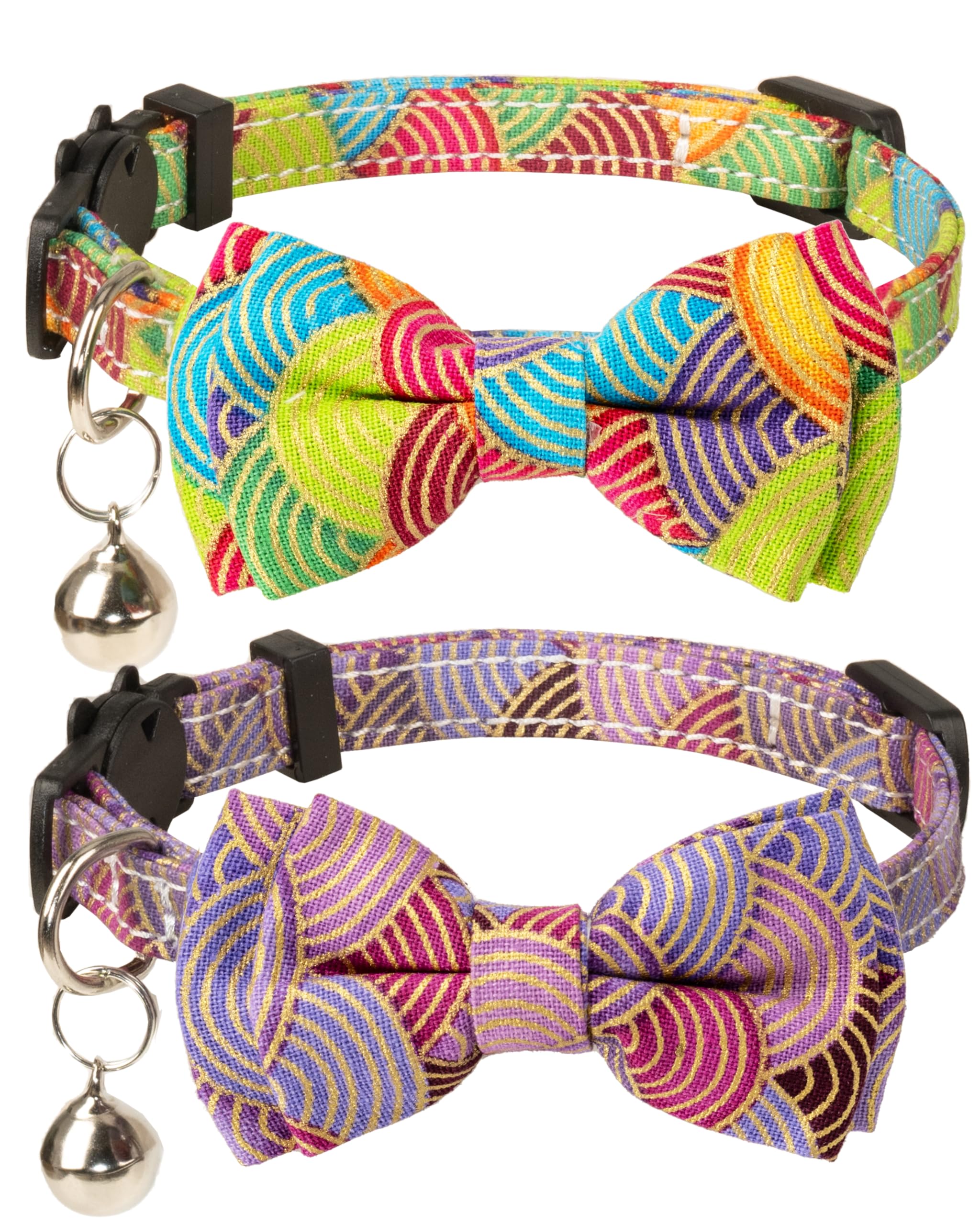 Gyapet Collar For Cat Pet Breakaway With Bell Bowtie Detachable Bow Adjustable Safety Kitten Puppy Girl Boy 2Pcs Kimono-Green & 