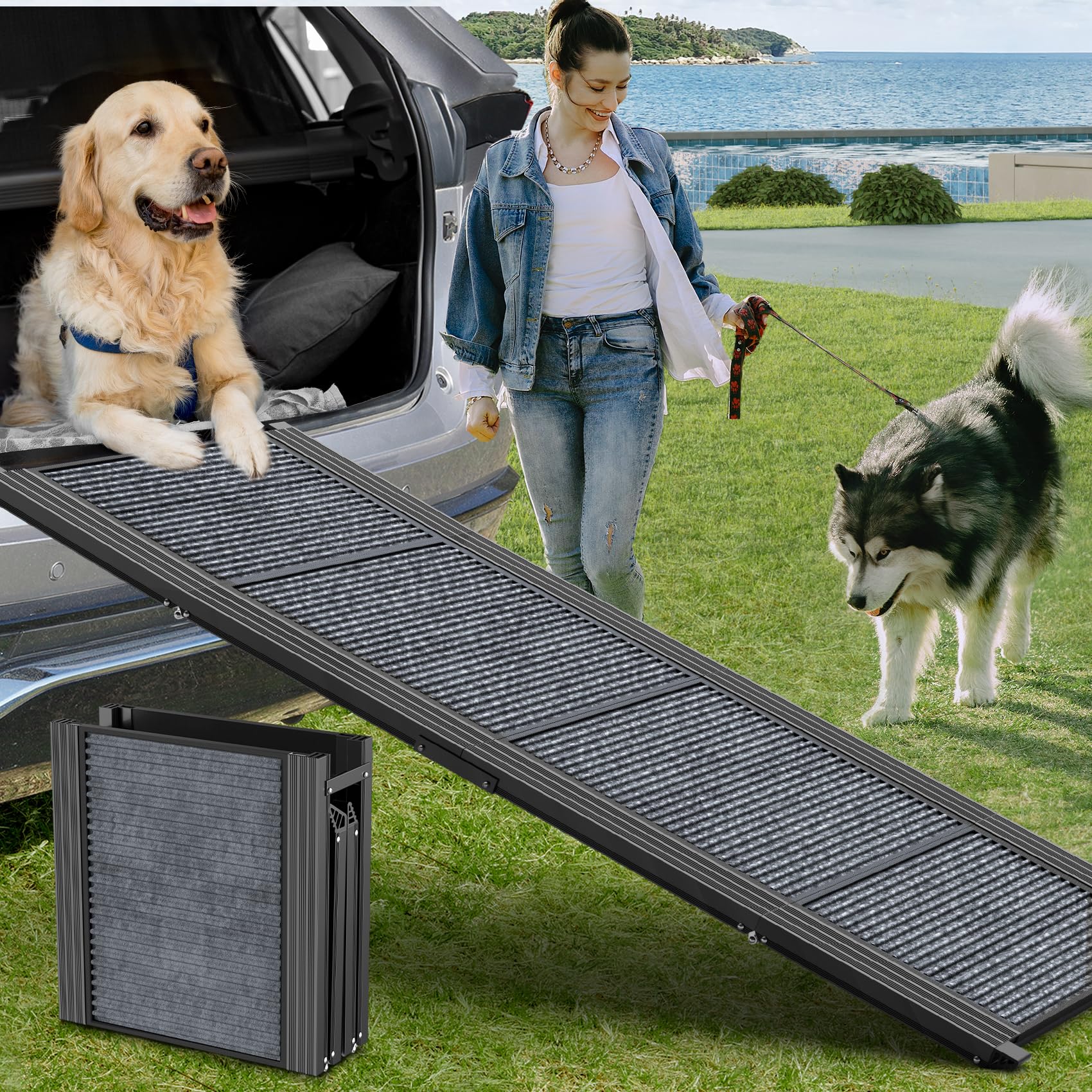 Herccreta Wigge Dog Ramp For Car, 63'' Long & 17'' Wide Folding Portable Pet Stair Ramp With Non-Slip Rug Surface, Extra Wide Do
