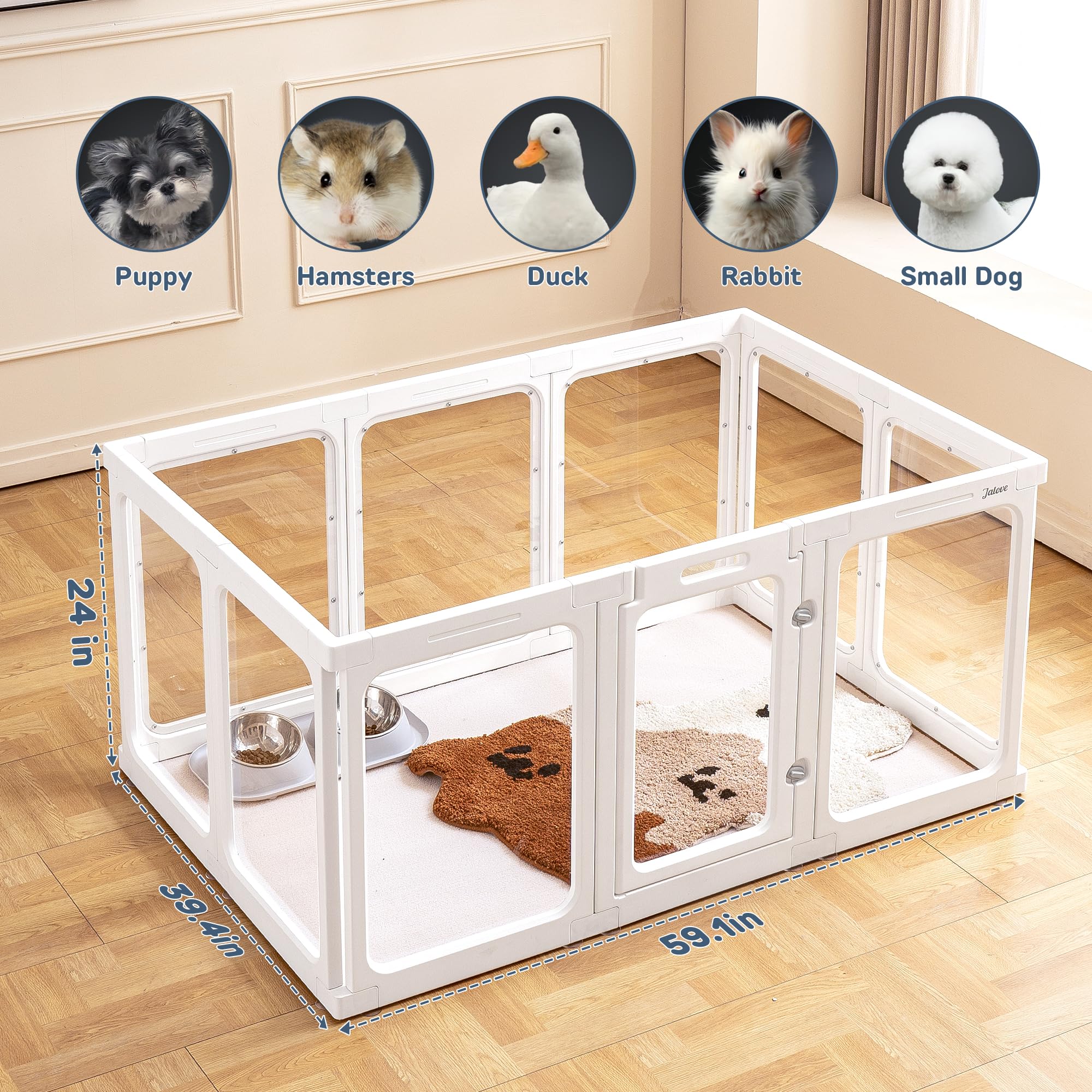 Jalove Dog Playpen, 24'' Acrylic Plastic Pet Playpen With Door, Puppy Playpen, Indoor Dog Pen, Foldable, Customizable, White 2 P