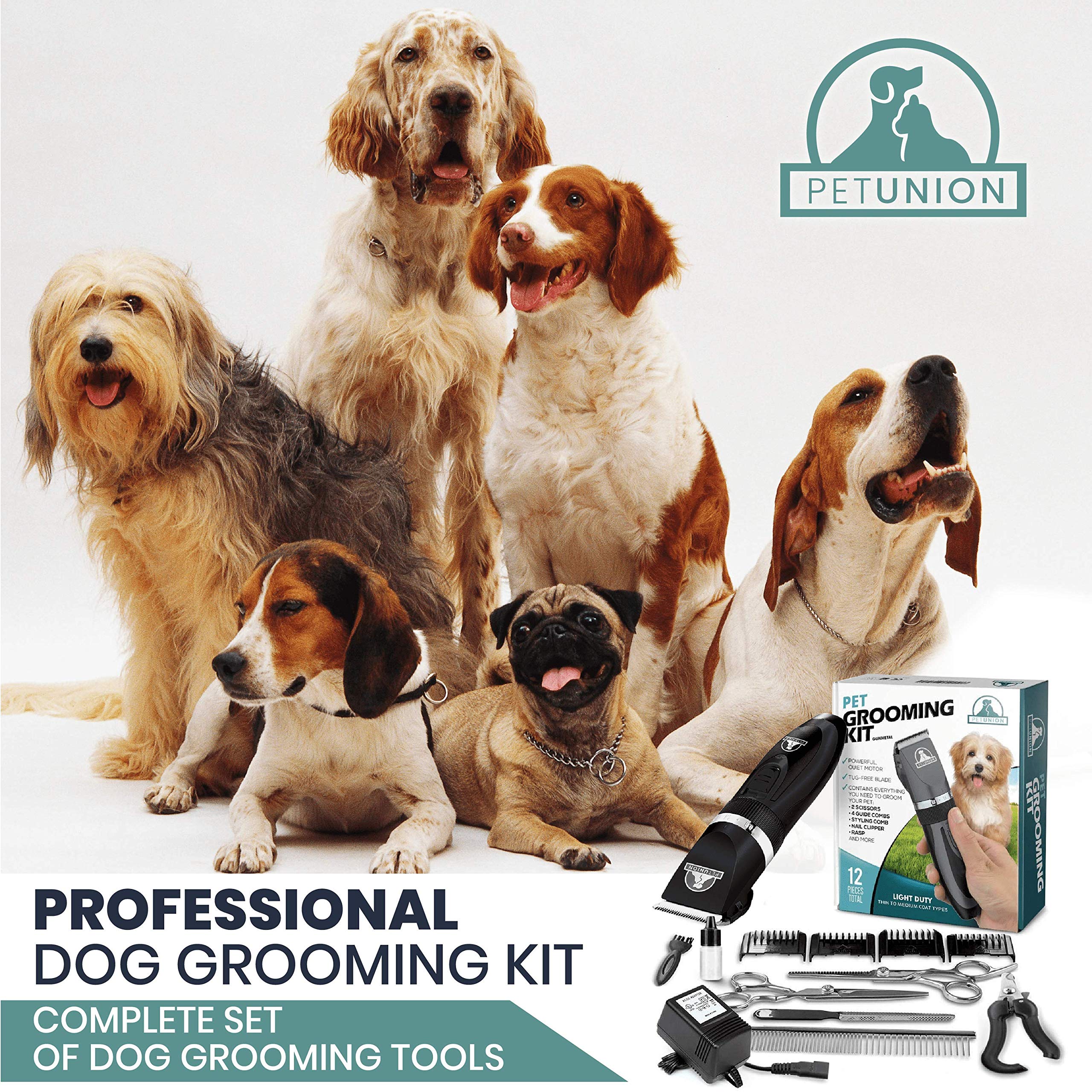 Pet Union Professional Dog Grooming Kit - Cordless Low Noise Dog Clippers For Grooming Thick Coats - All Pet Safe Cat Hair Trimmer - Pet Grooming Kit Includes Dog Hair Clippers, Nail Trimmer & Shears
