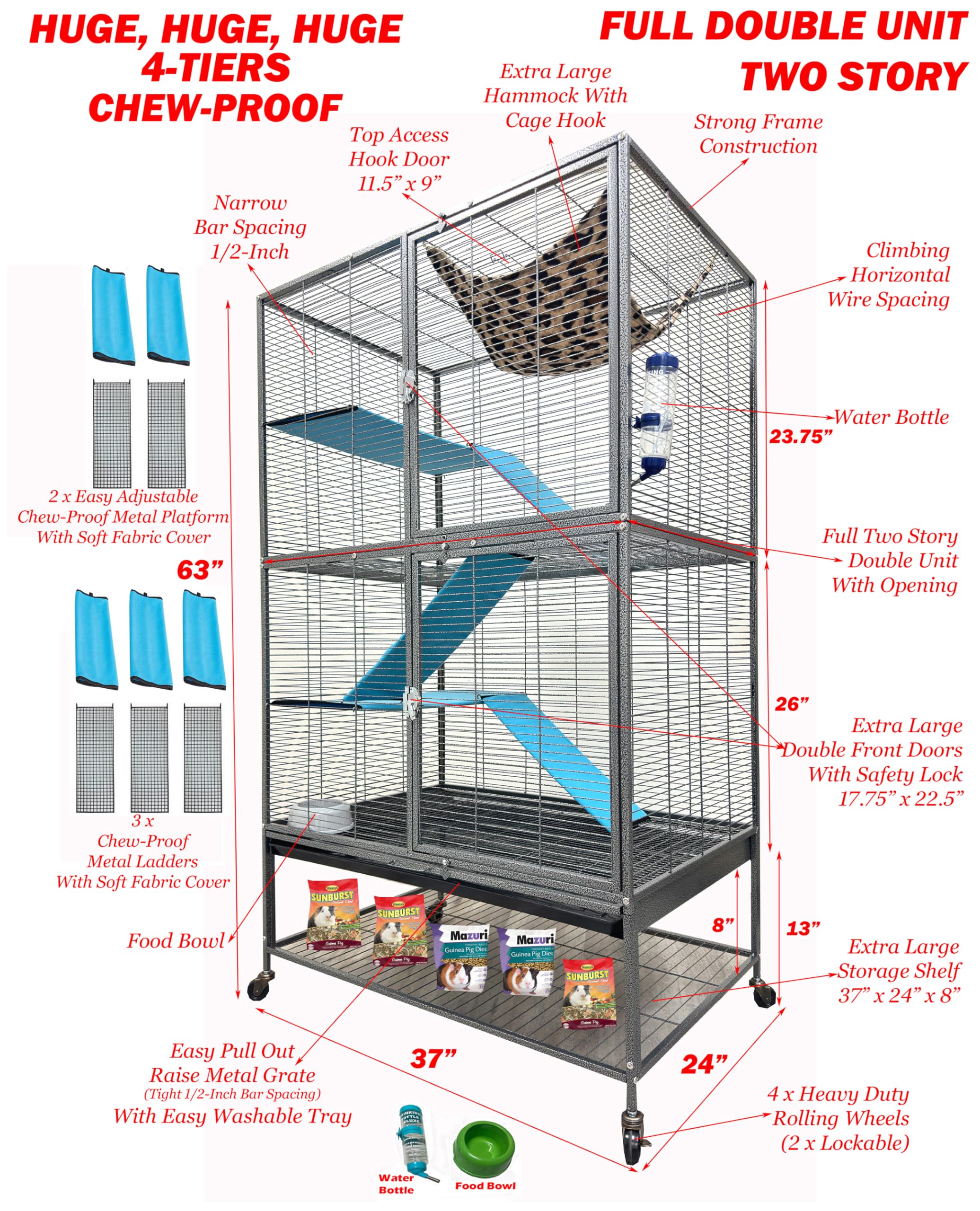 Xx-Large 37''X24''X63''H Two Full Story Deluxe Double Unit Critter Cage Extra Large Double Large Front Doors Tight 1/2-Inch Wire