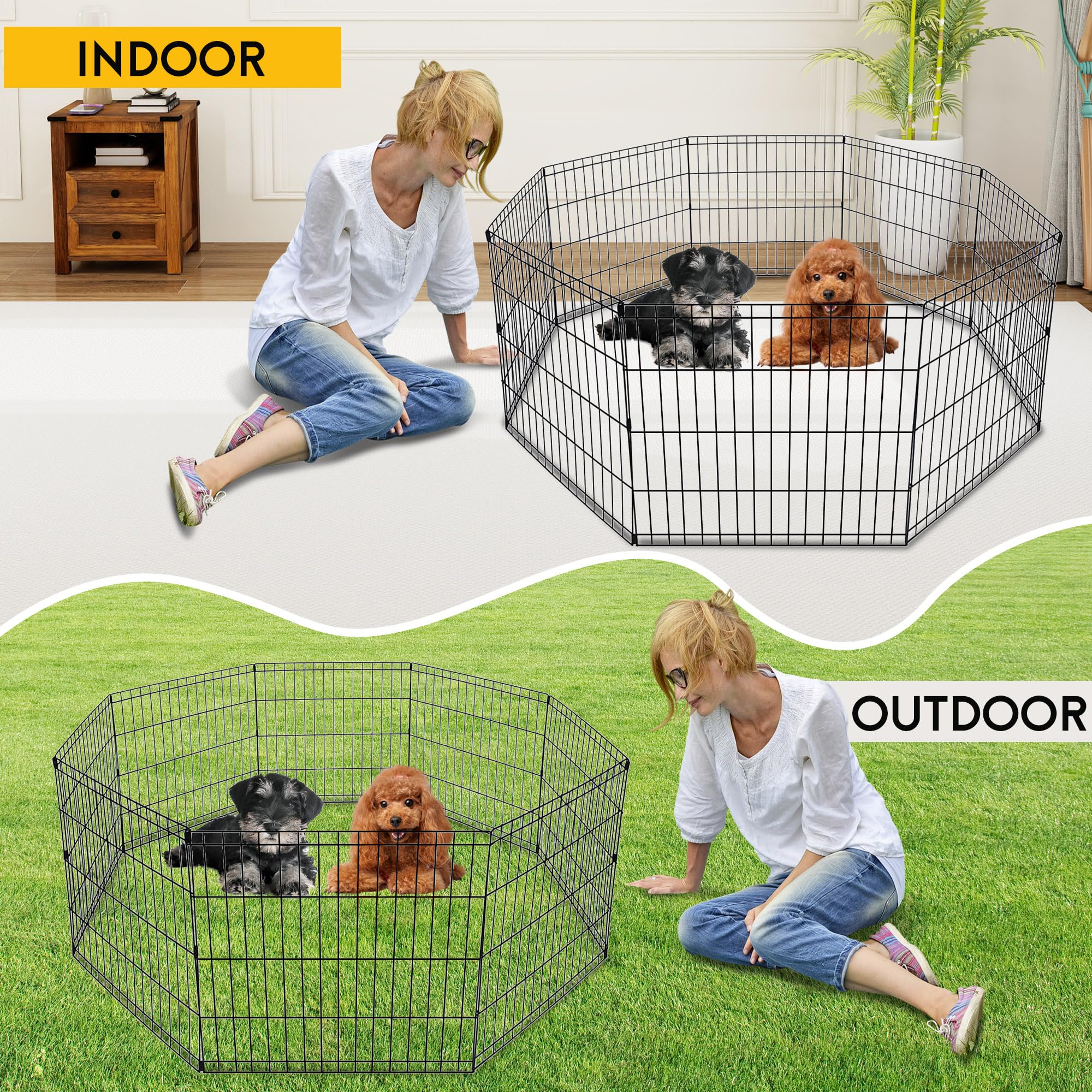 FDW 24 Inch Dog Pen 8 Panel Dog Playpen Indoor Outdoor Metal Puppy Pet Fence Portable Folding Animal Exercise Fence,Black