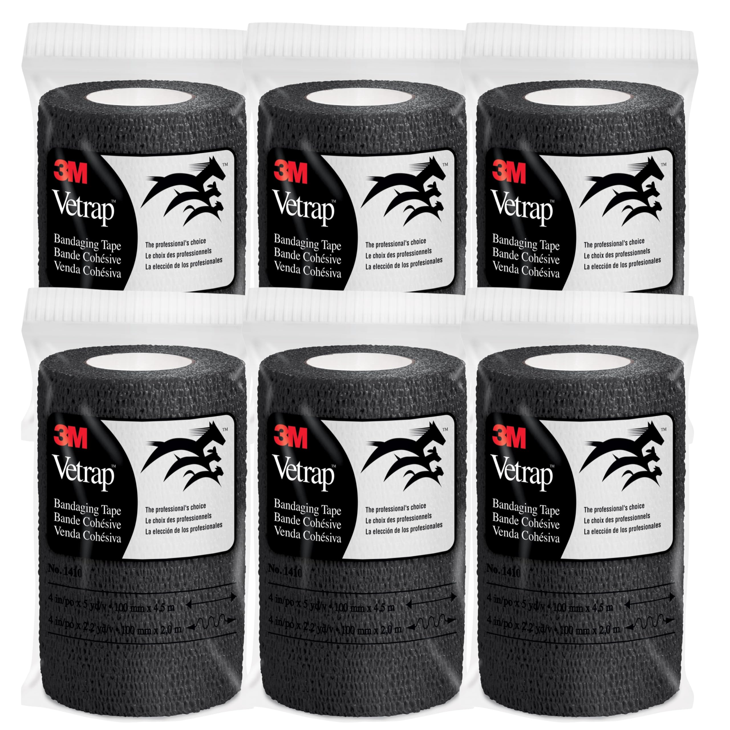 3M Vetrap 4 inch x 5 yard Self-Adherent Bandage Wrap - Black (Pack of 6 Rolls)