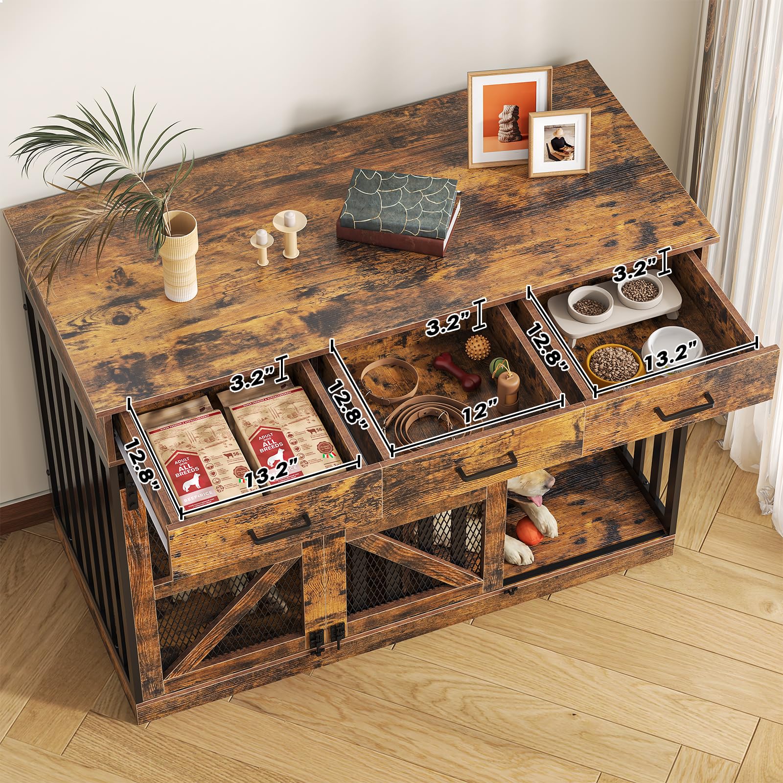 Saudism 2-in-1 Farmhouse Dog Crate Furniture - Wooden Large Dog Kennel with Drawers Storage - Double Doors - Indoor TV Stand - I
