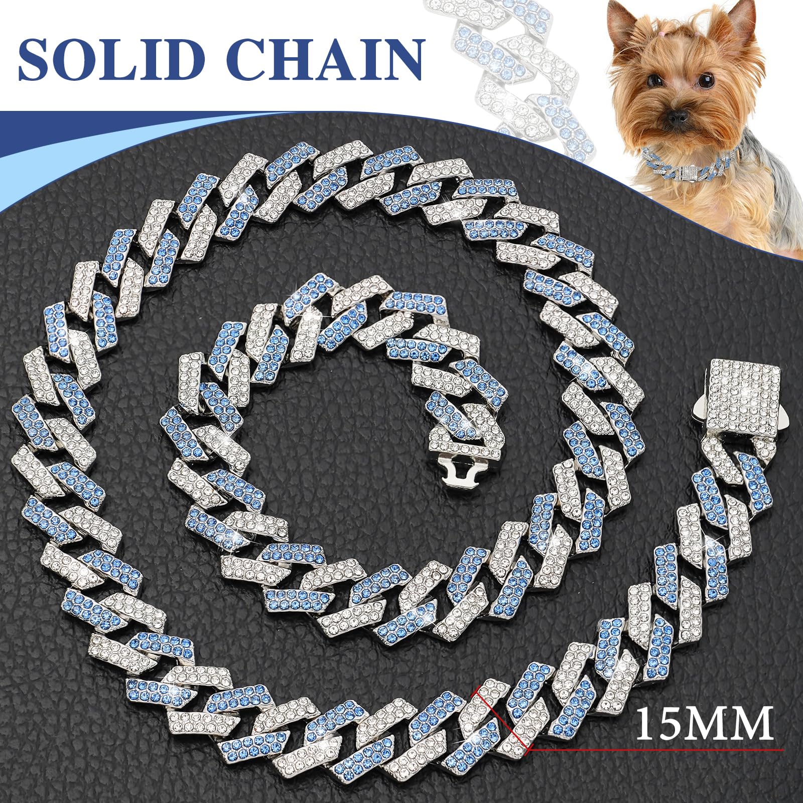 Blue Dog Chain Collar Diamond Link 15Mm Wide Dog Necklace Metal Cat Chains Pet Crystal Collars Jewelry Accessories For Small Med