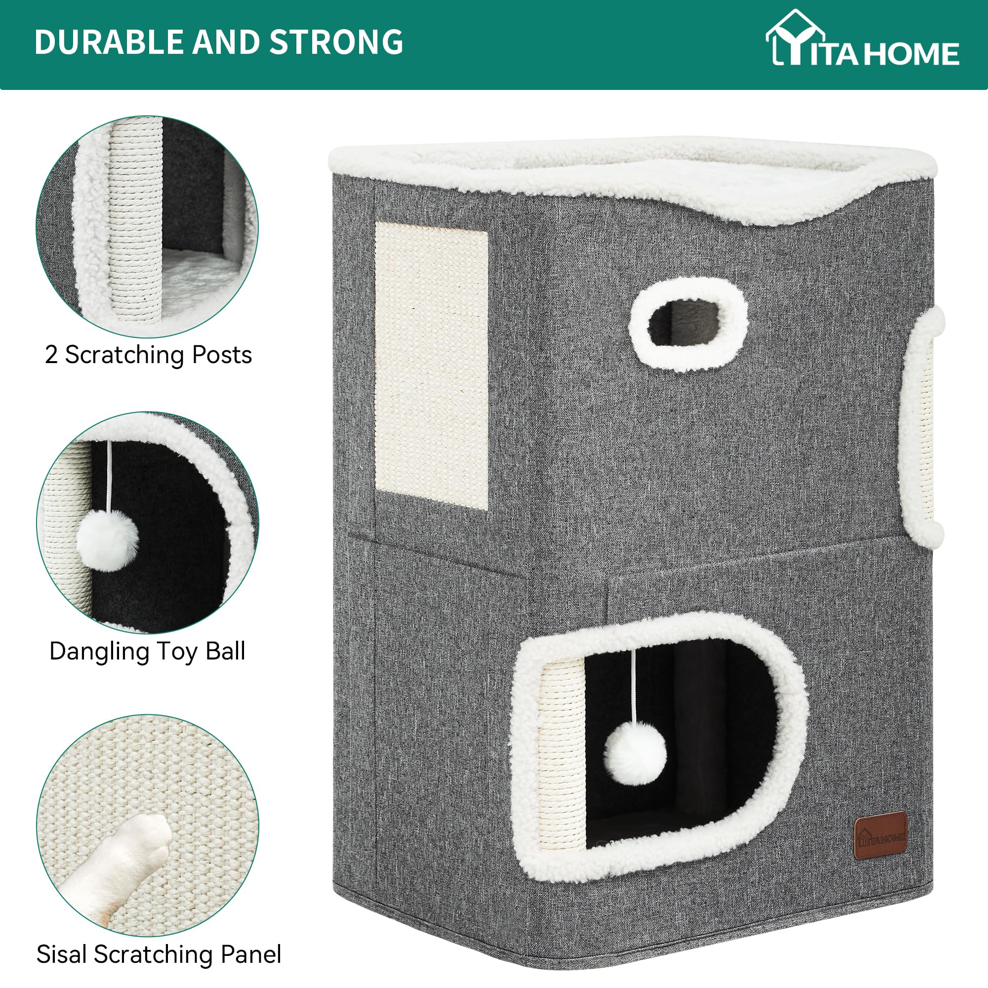 YIATHOME 2 Storey Cat House, Cat Beds for Indoor Cats, Small Cat Condo with Scratch Post and Hideaway Cave, Modern Cat Cube Play