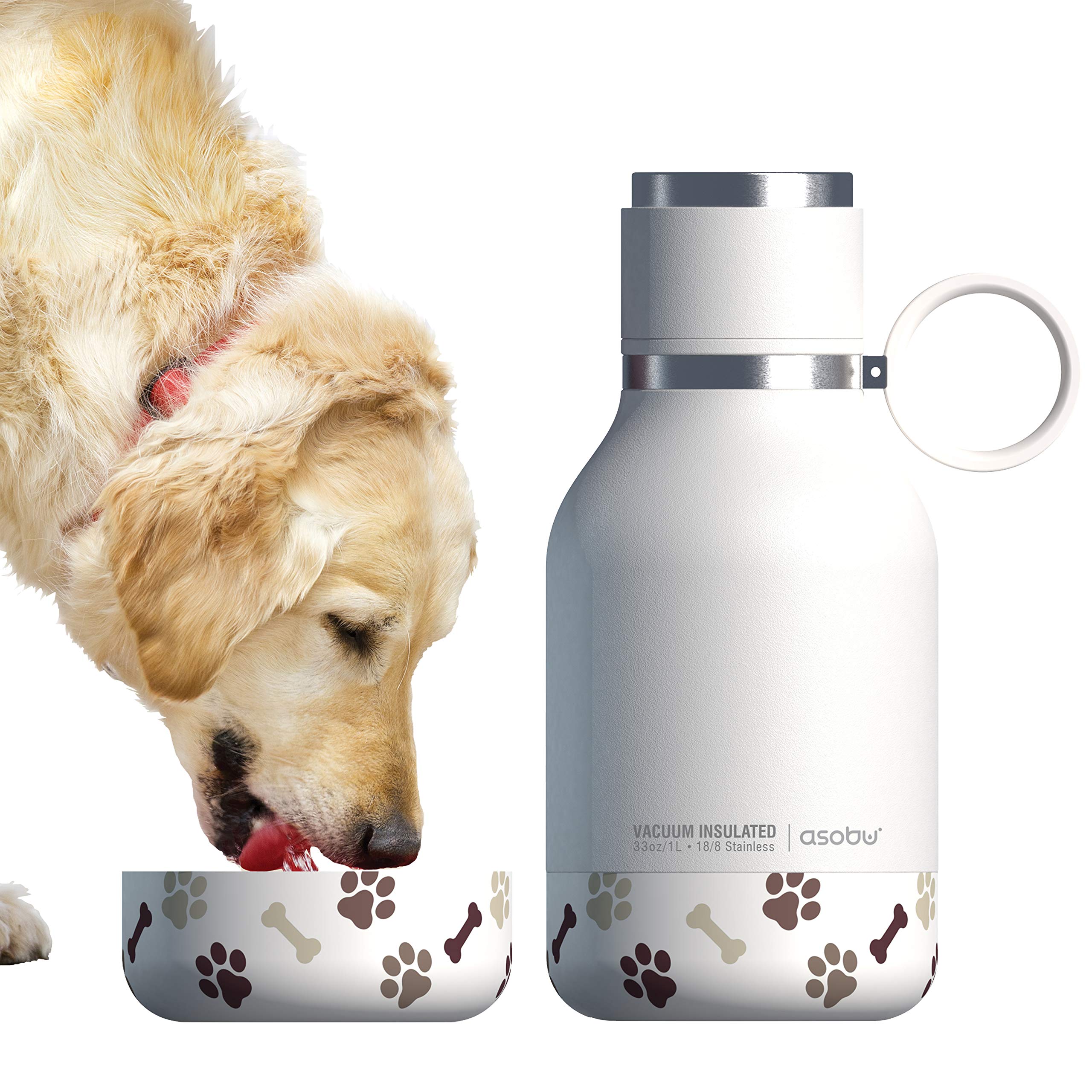 Asobu Dog Bowl Attached To Stainless Steel Insulated Travel Bottle For Human 37Oz/1.1 Liter (White)