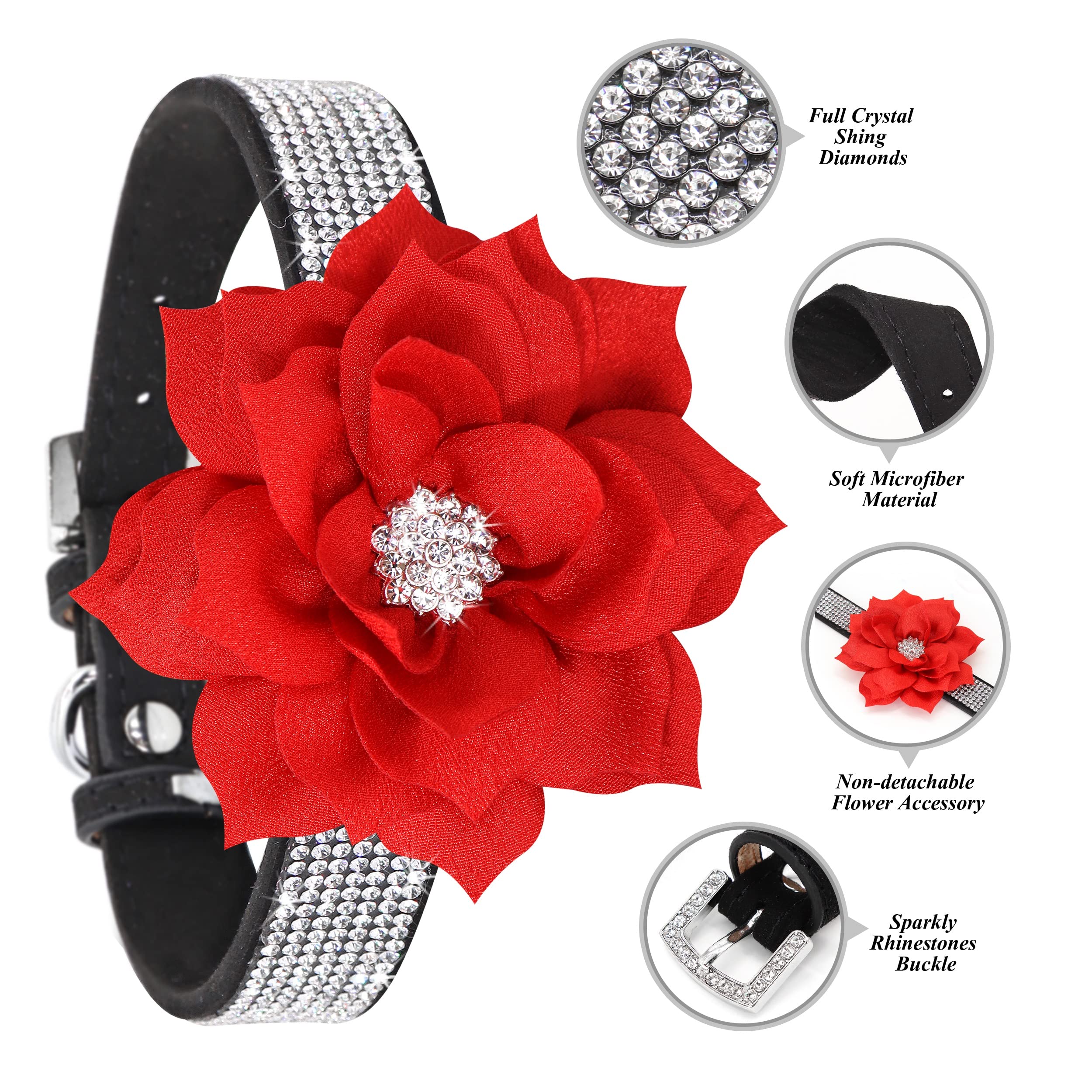 Pet Artist Cute Girl Rhinestone Suede Dog Collars For Small Dogs Cats,Soft Flower Dog Collar,Bling Dog Collars For Small Puppy Dogs Black Collar,S:Neck 10-12'(25-31Cm)