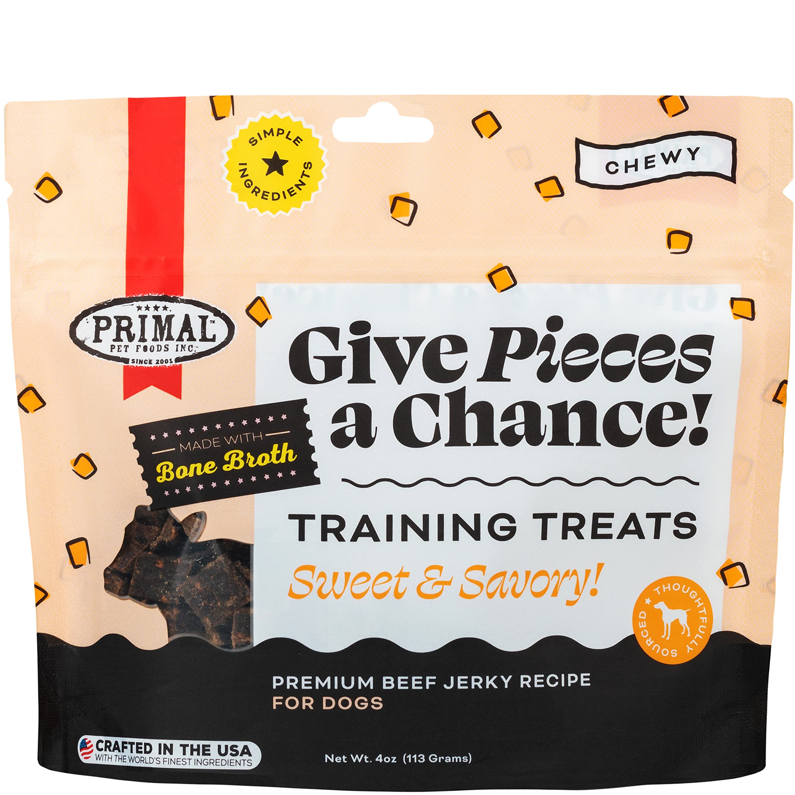 Primal Beef Jerky Dog Treats Made with Beef Bone Broth, Give Pieces a Chance, Training Treat for Dogs, 4 oz