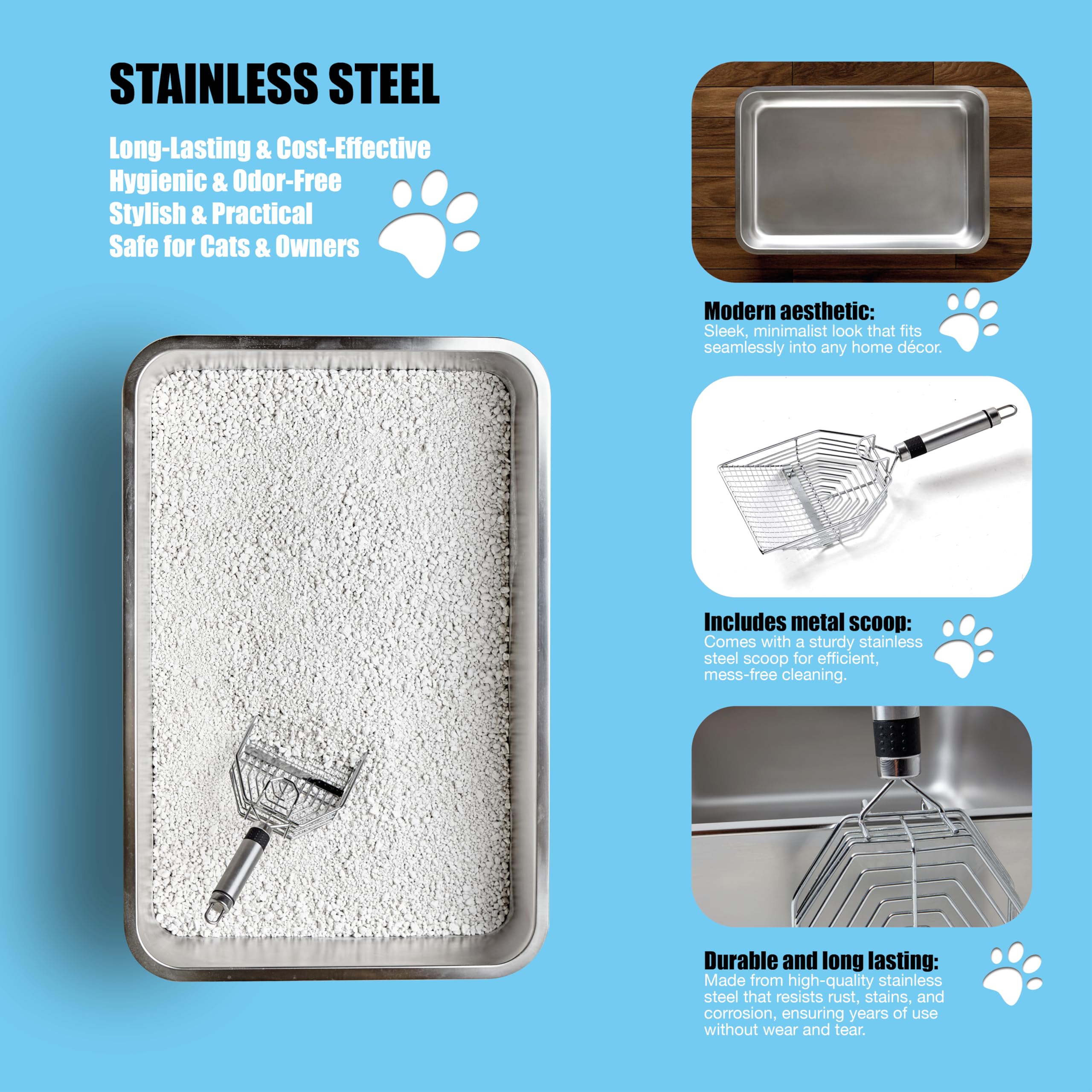 Stainless Steel Cat Litter Box With Scoop, Xl High Side Cats Toilet Metal Kitten Litter Pan, Pet Cleaning Tool For Big And Small