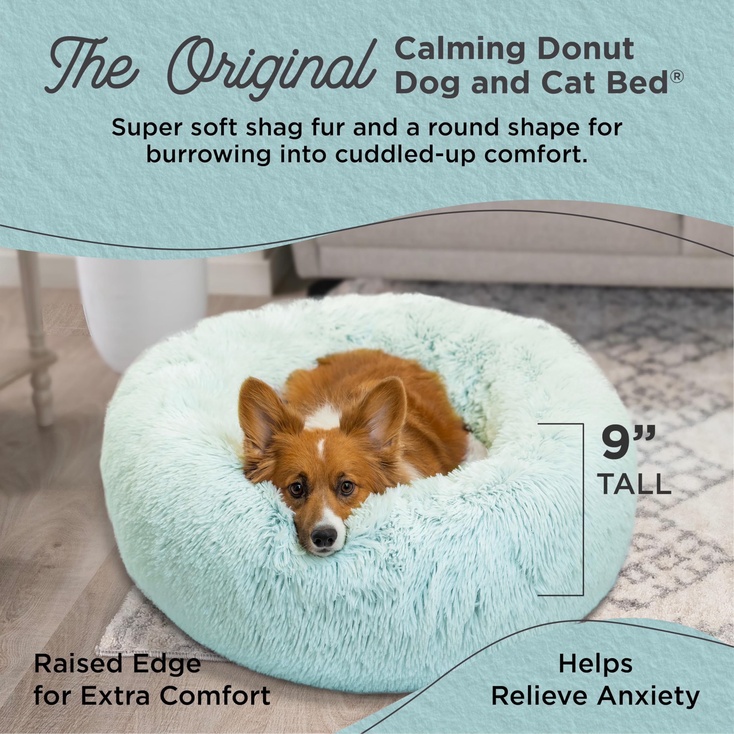 Best Friends by Sheri Calming Donut Dog & Cat Bed, Medium 30x30, Shag Baby Blue, Long Shag Fur, Model 70677