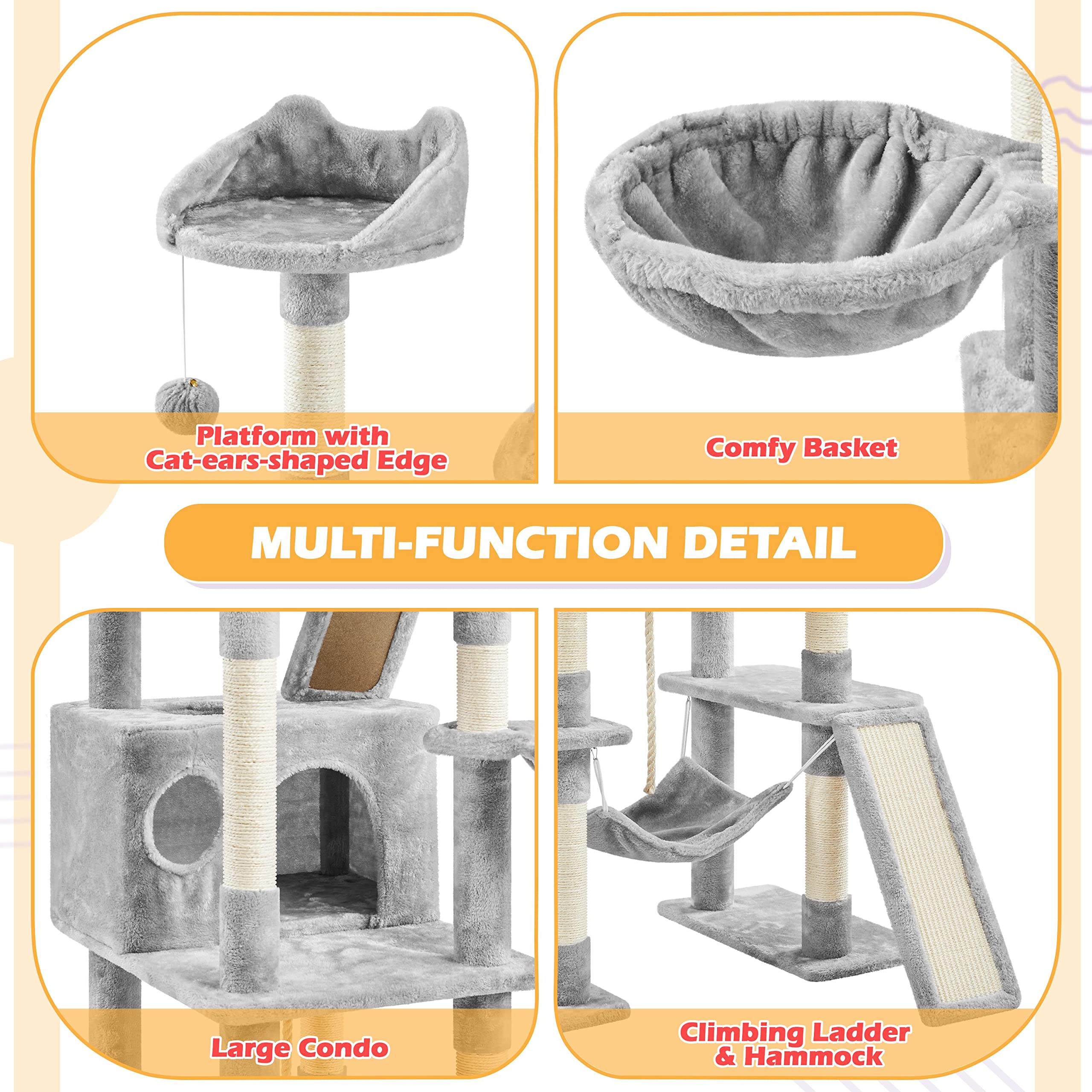 Yaheetech Cat Tree, 82.5In Large Tower W/Hammock, 2 Kitty-Ear Perches, 2 Cozy Condos, Scratching Posts, Basket, Furniture For La