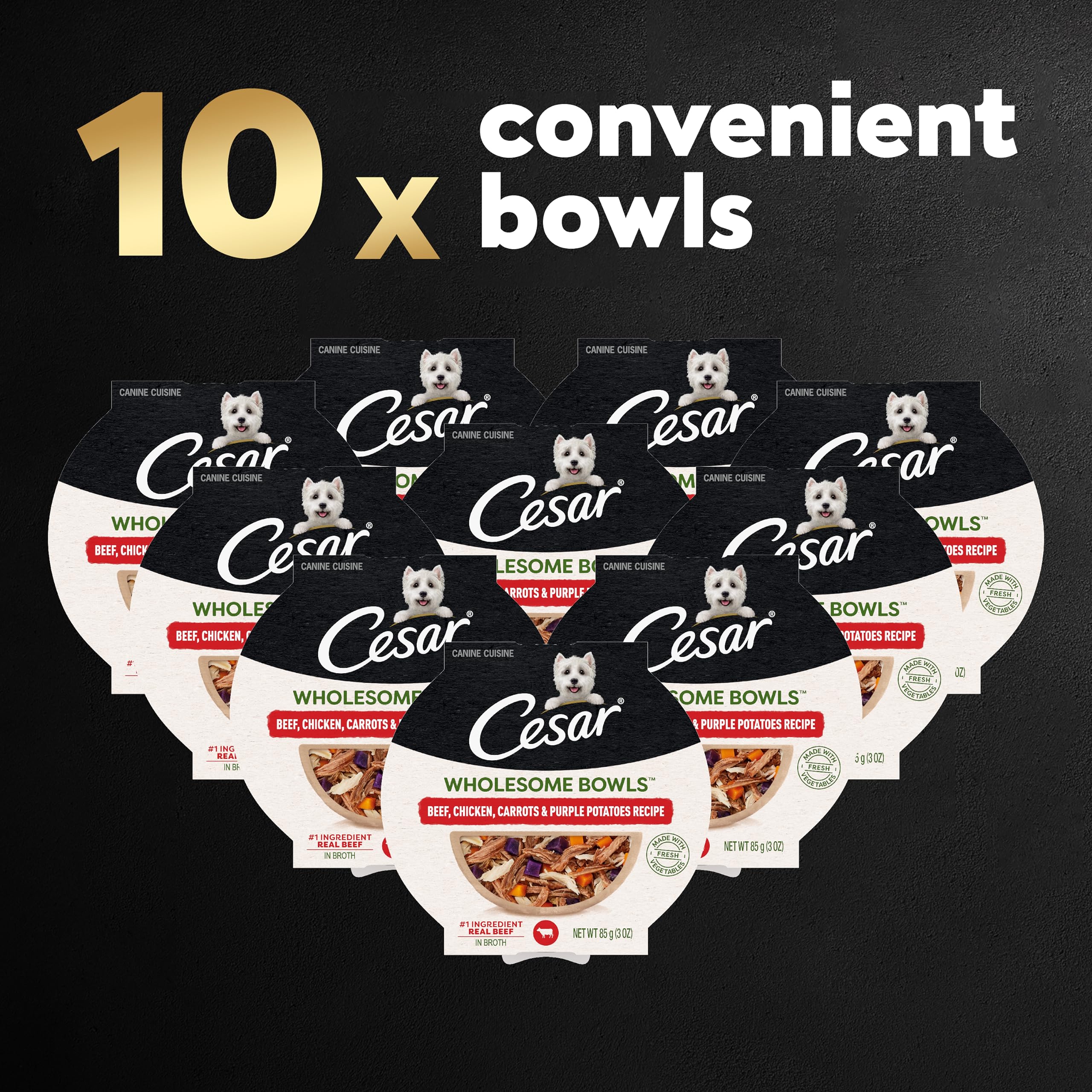 Cesar Wholesome Bowls Adult Wet Dog Food, Beef, Chicken, Purple Potatoes & Carrots, 3 oz. (10 Count, Pack of 1)