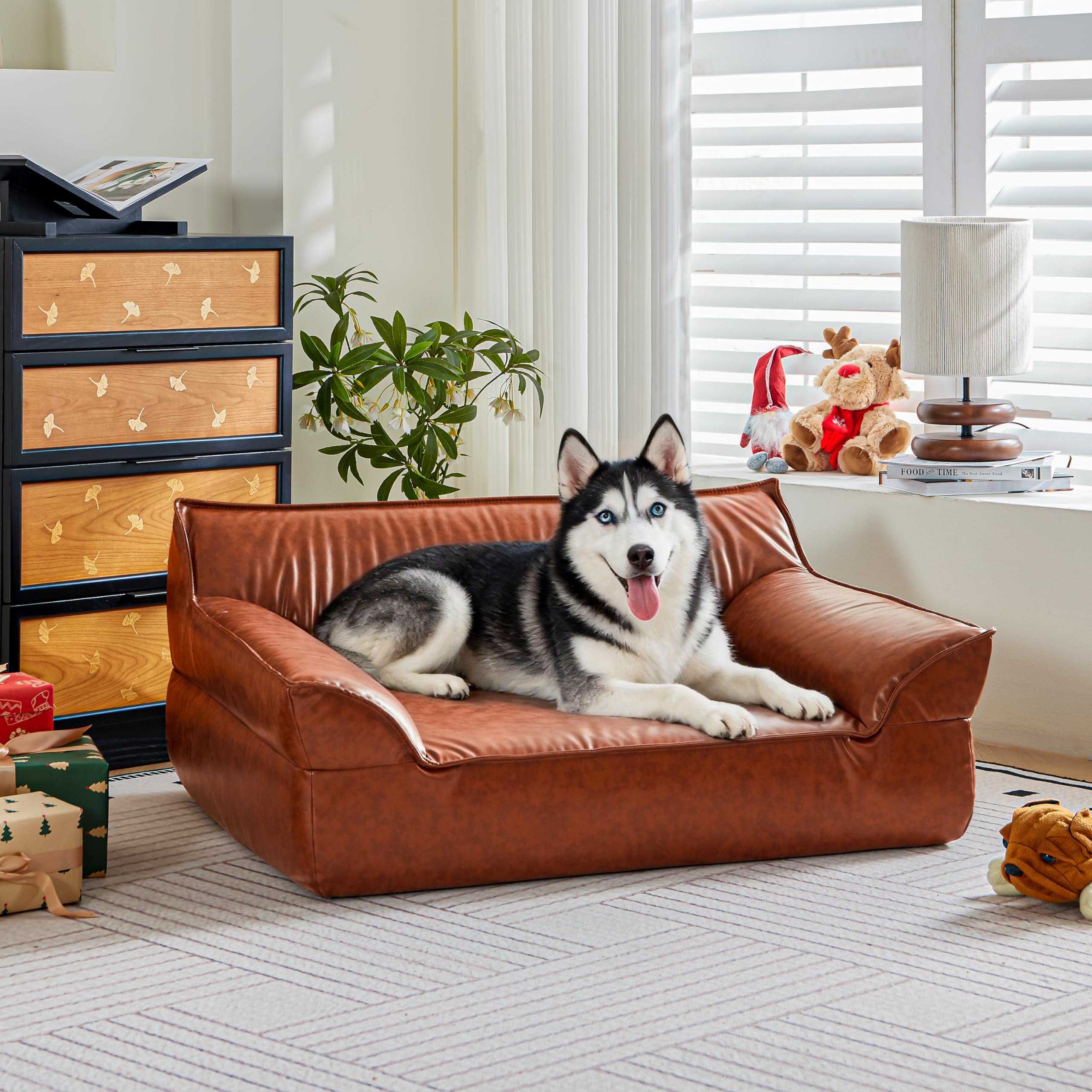 ATJafurn Leather Dog Bed Couch for Large Dogs Up to 70 Lbs, Brown Elevated Dog Sofa Bed Luxurious Indoor Furniture Style Pet Sup