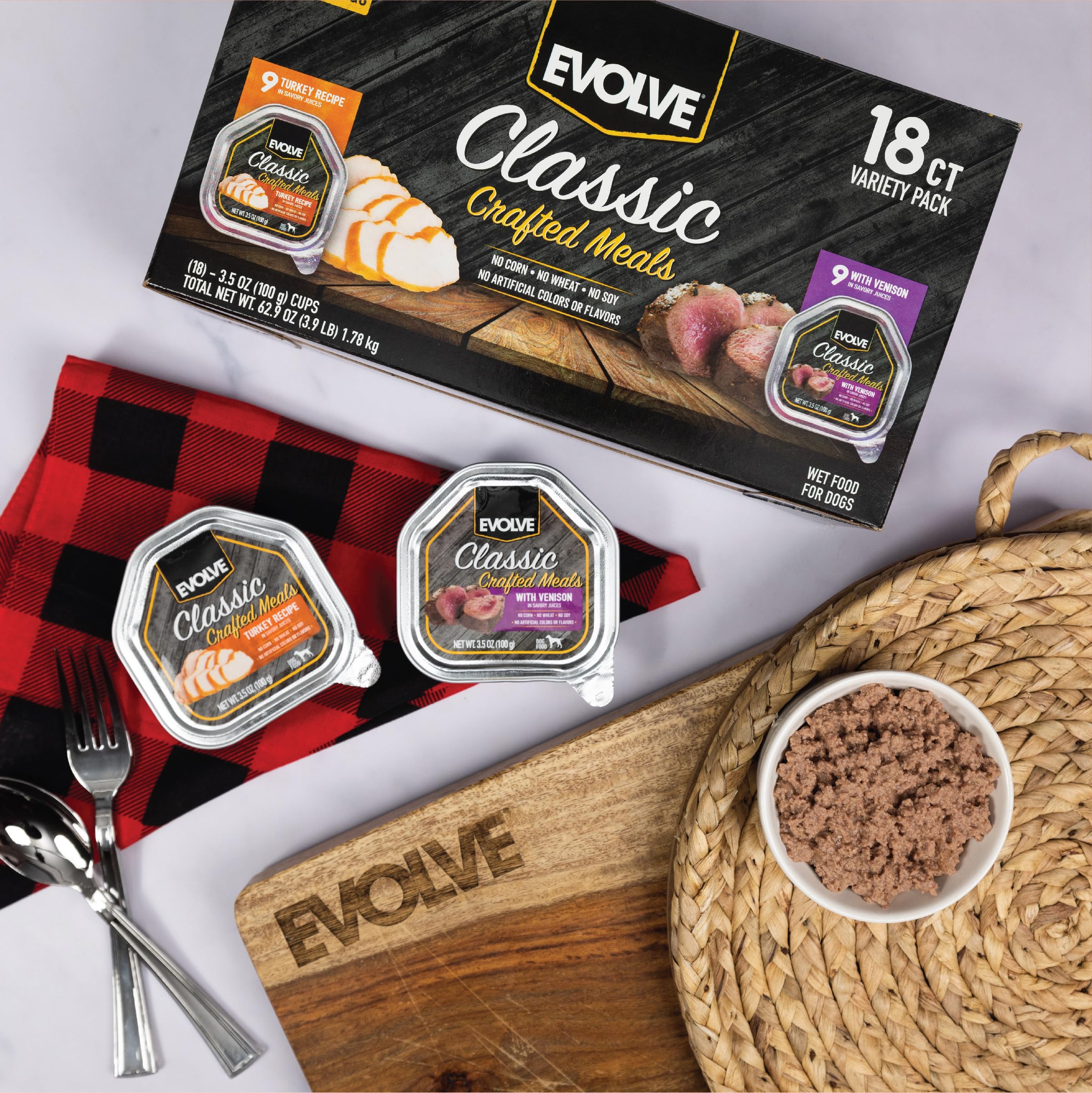 Evolve Classic Crafted Meals Variety Pack Turkey Recipe & with Venison Wet Dog Food | 3.5 oz - 18 pack