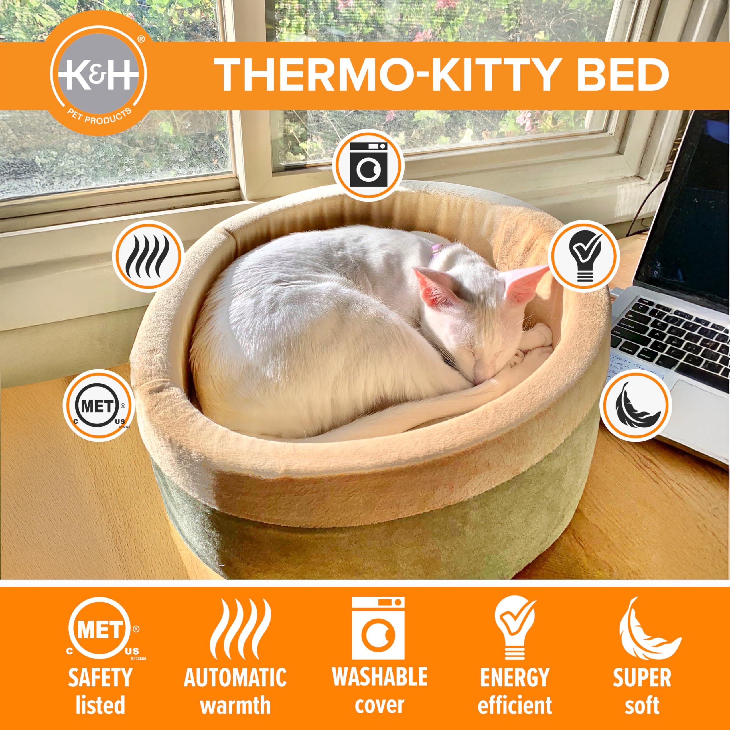 K&H Pet Products Thermo-Kitty Bed Heated Cat Beds For Large Indoor Cats & Dogs, Calming Warming Pillow Pet Bed, Machine Washable