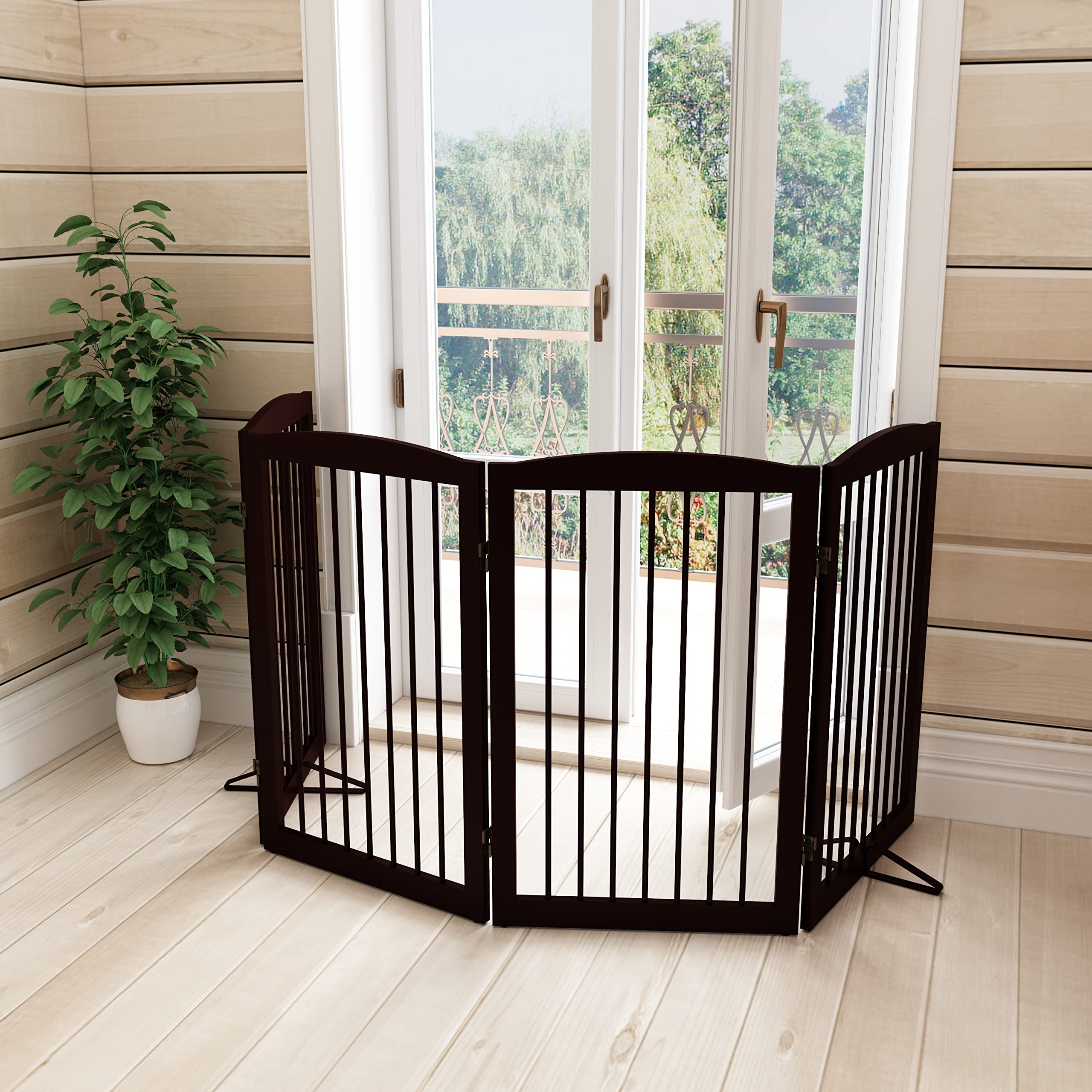 Pupetpo Freestanding Pet Gate For Dogs, Indoor Wooden Dog Gate For House, Foldable Dog Gate For Doorway, Stair,Hall, Step Over Pet Puppy Safety Fence Tall, 80 Inch Wide, 4 Panel 32',Brown