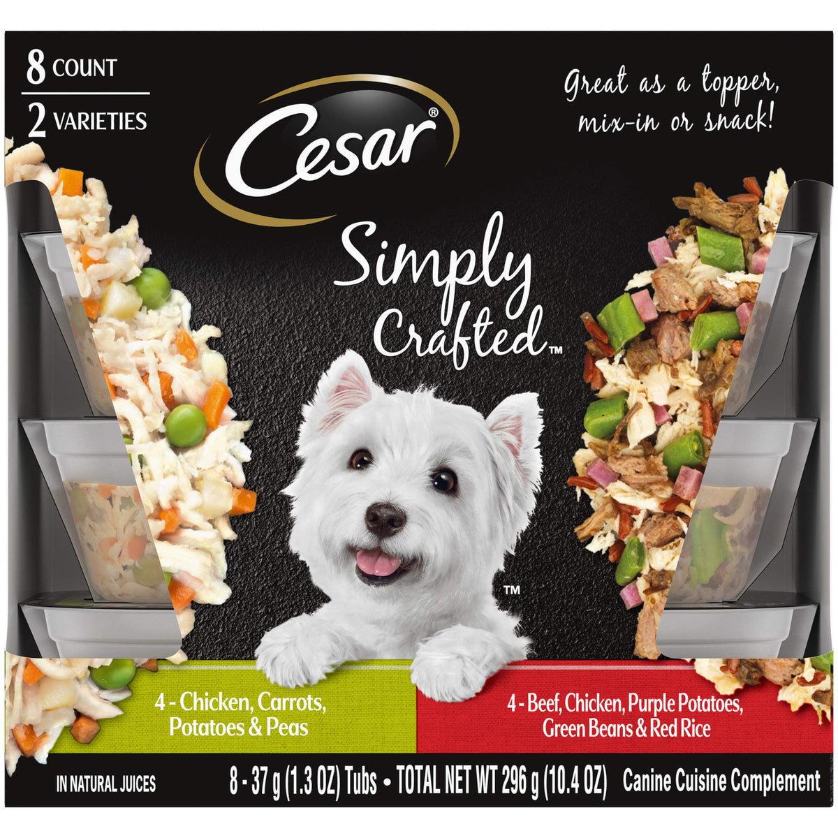 Cesar Simply Crafted Adult Wet Dog Food Meal Topper Variety Pack, Chicken, Carrots, Potatoes & Peas And Beef, Chicken, Purple Potatoes, Green Beans & Red Rice, 1.3 Oz. Tubs, 8 Count (Pack Of 2)