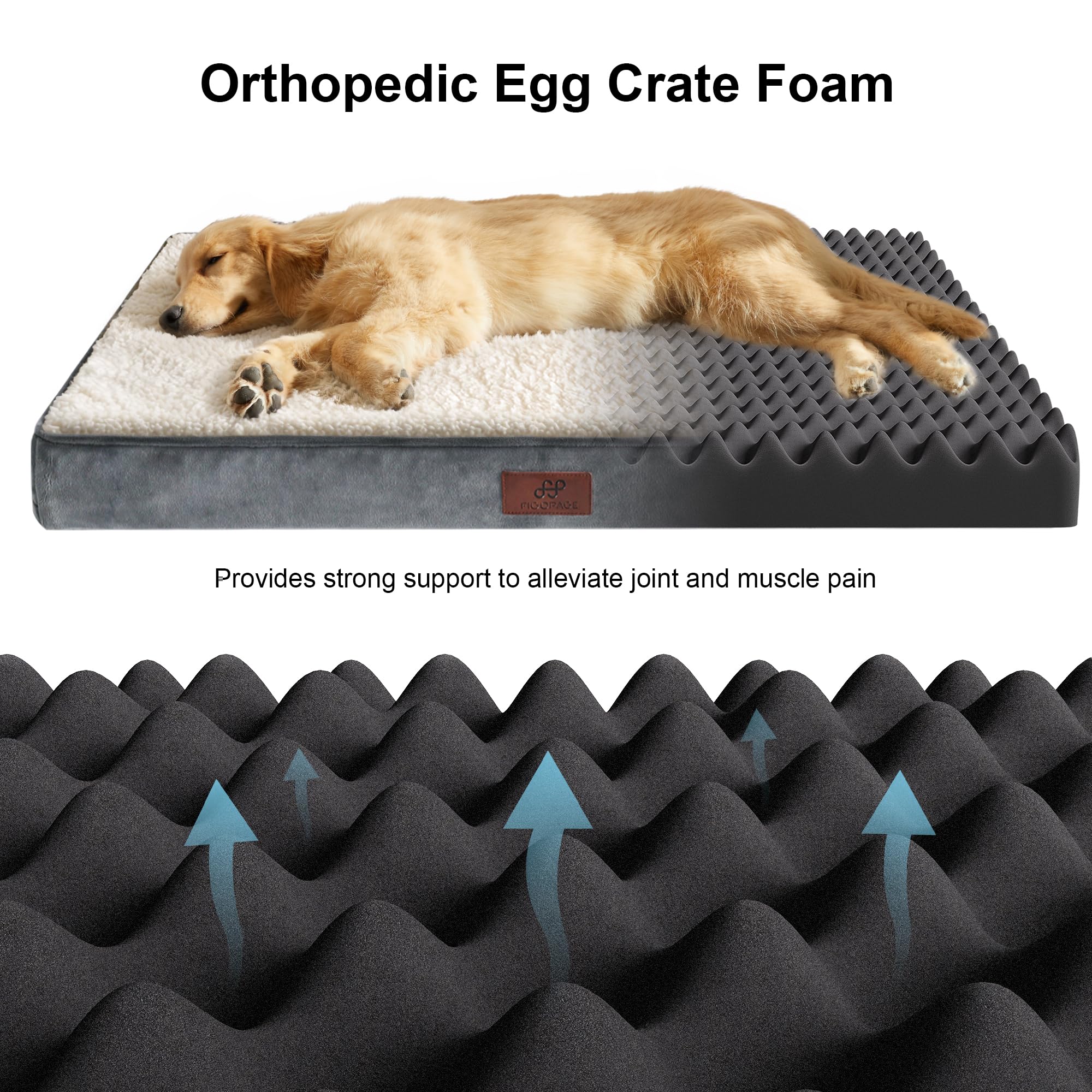 Figopage Large Orthopedic Dog Bed, Waterproof & Washable, 41"x27", Grey, Anti-Slip Bottom, Perfect for Crate Use
