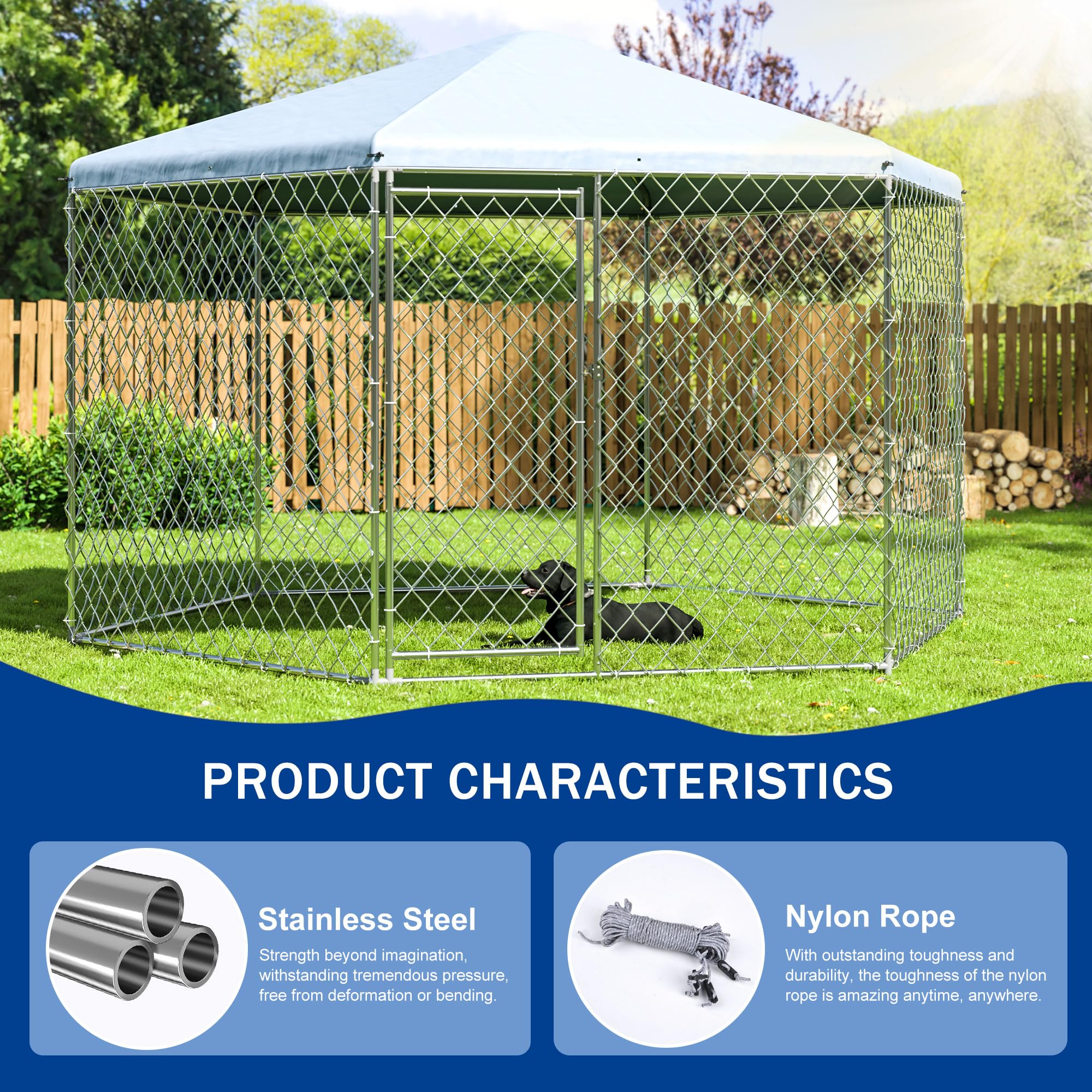 Polar Aurora Outdoor Dog Kennel With Roof,Large Dog Kennel Outside With Metal Gate,Heavy Duty Chain Link With Secure Lock For Ba