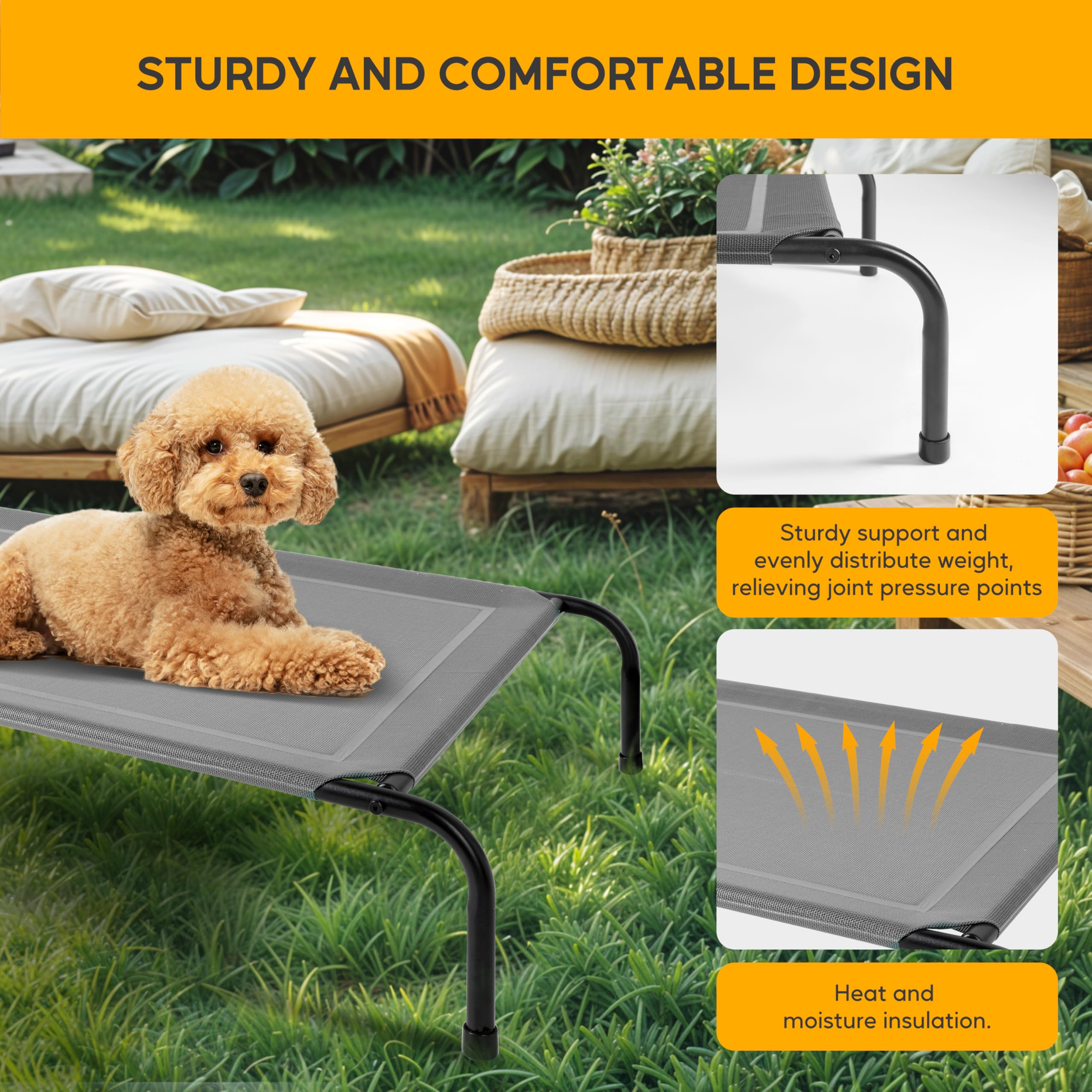 HealSmart Cooling Elevated Dog Bed Outdoor Raised Portable Dog Cot Beds No-Slip Feet Durable Portable Pet Hammock Bed, 42x25.2x8