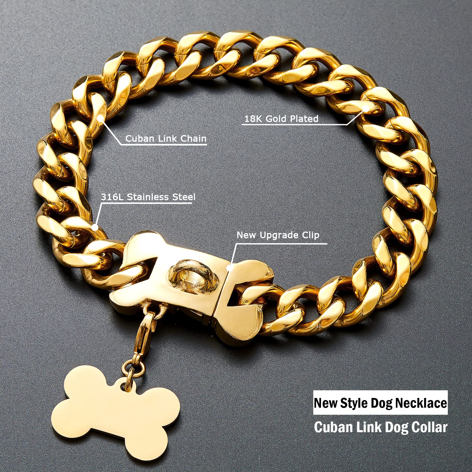 Strong Stainless Steel Thick Cuban Link Gold Dog Collar,Heavy Duty Chew Proof Metal Chain Fashion Necklace Collar for Large Dogs