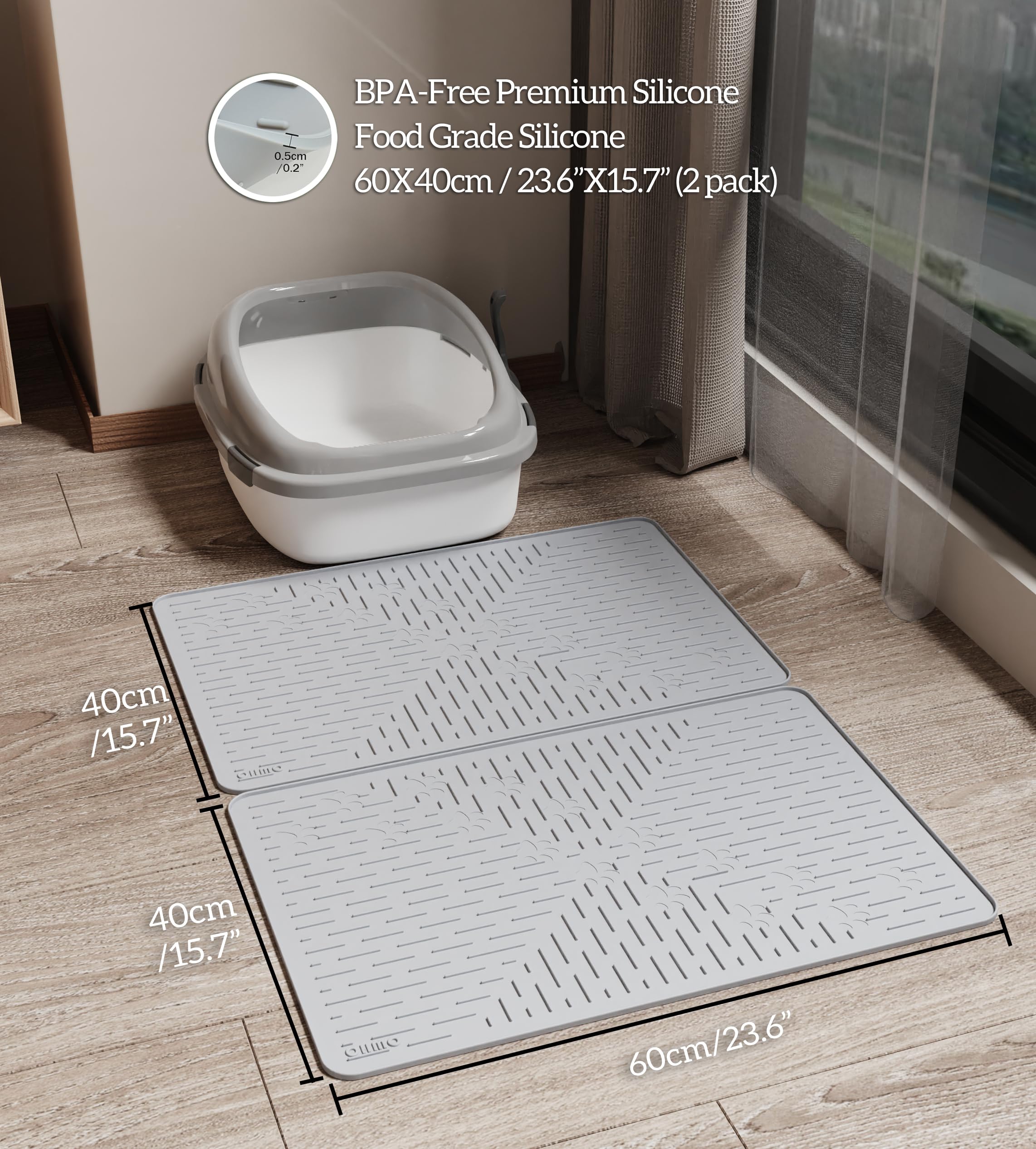 OHMO Cat Litter Mat Silicone Rubber 32x23.5 Formed by 2pc 23.5x16, Trapping Mats Waterproof and Non Slip Kitty Litter Catcher Bo