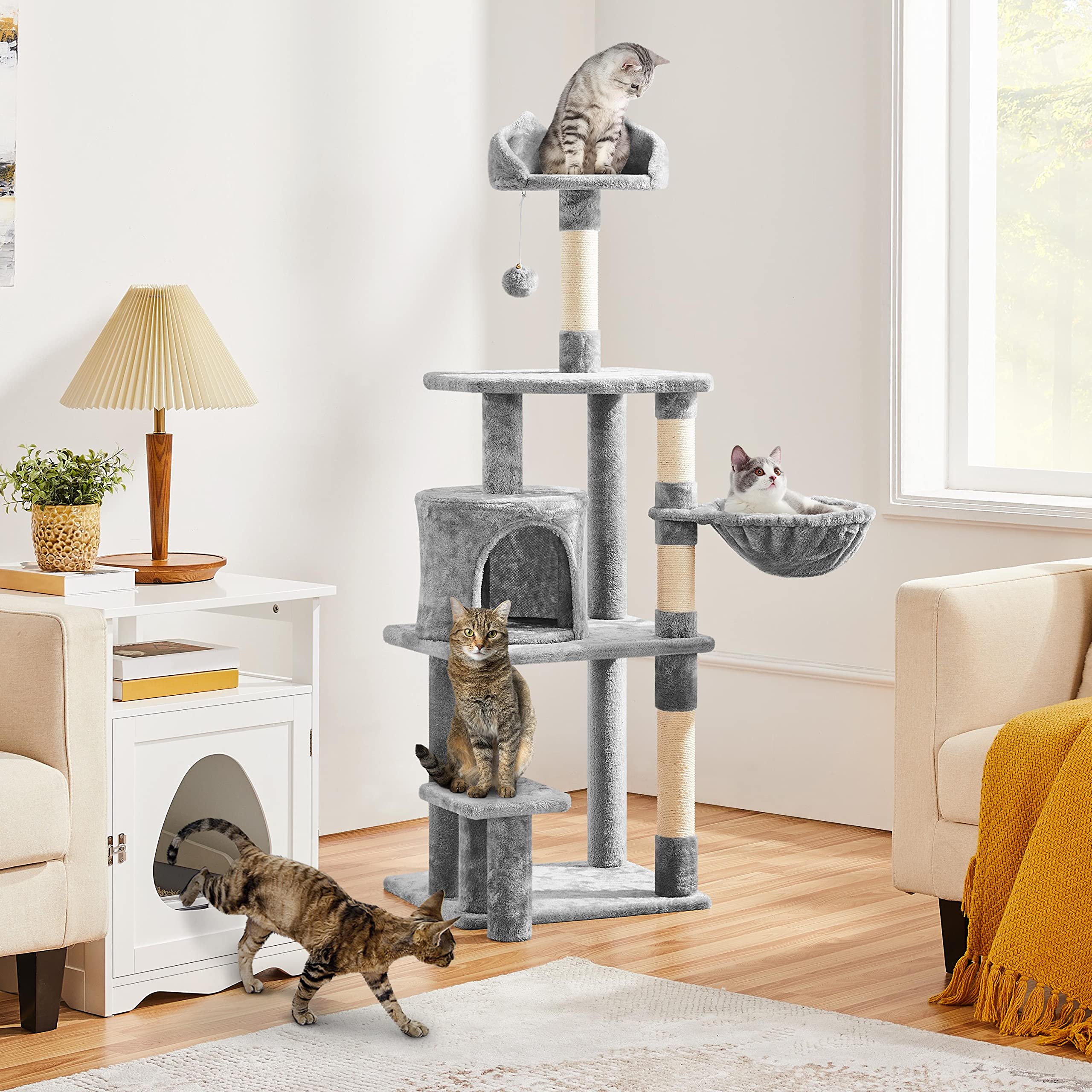 Topeakmart Cat Tree 57in, Multi Level Cat Tower with Basket & Condo & Scratching Post & Padded Perch & Extended Platform & Fur B