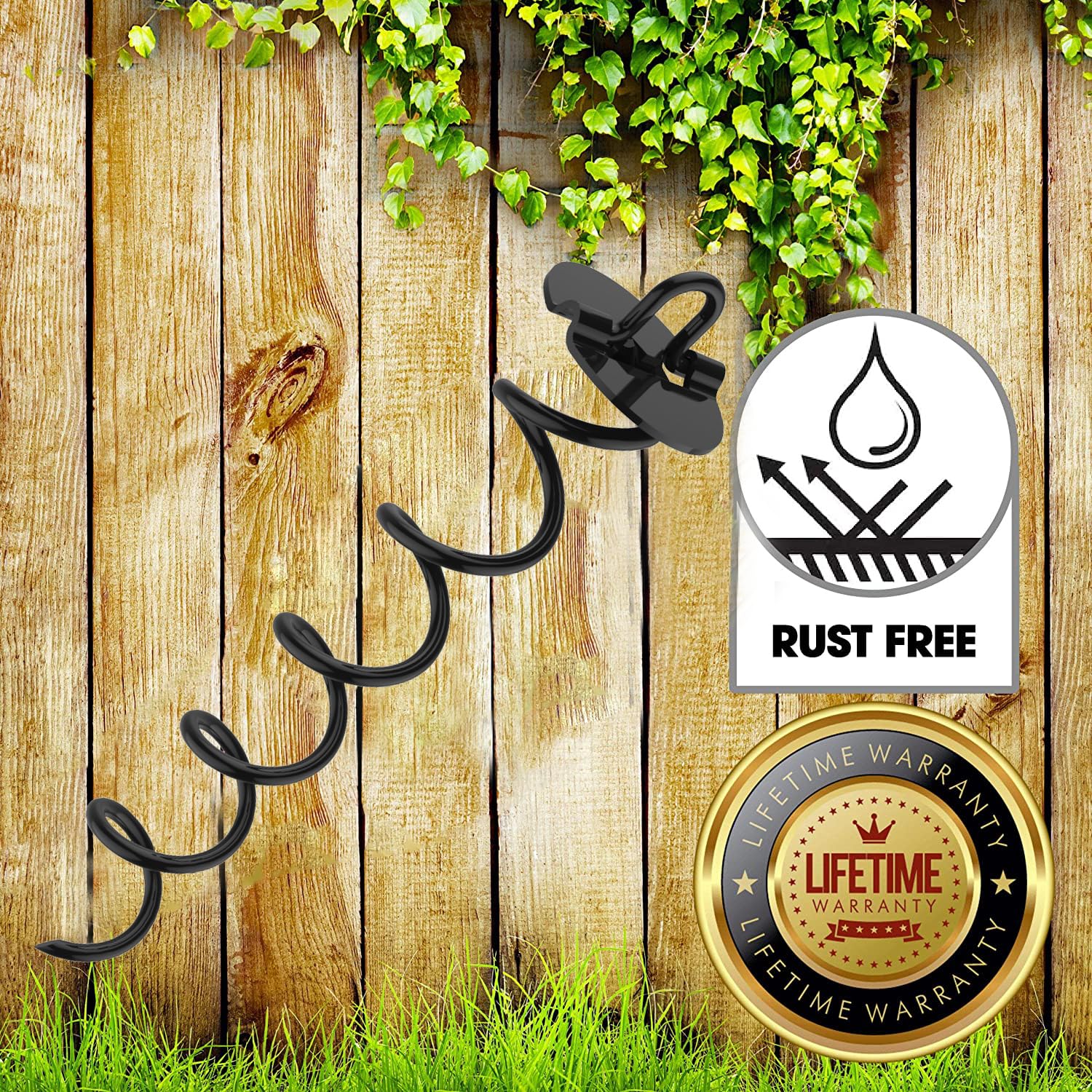 Eurmax Heavy Duty 4-Pc Spiral Stakes Anchor Kit, Black Alloy Steel for Trampolines, Tents, with Bonus Tie Down Straps