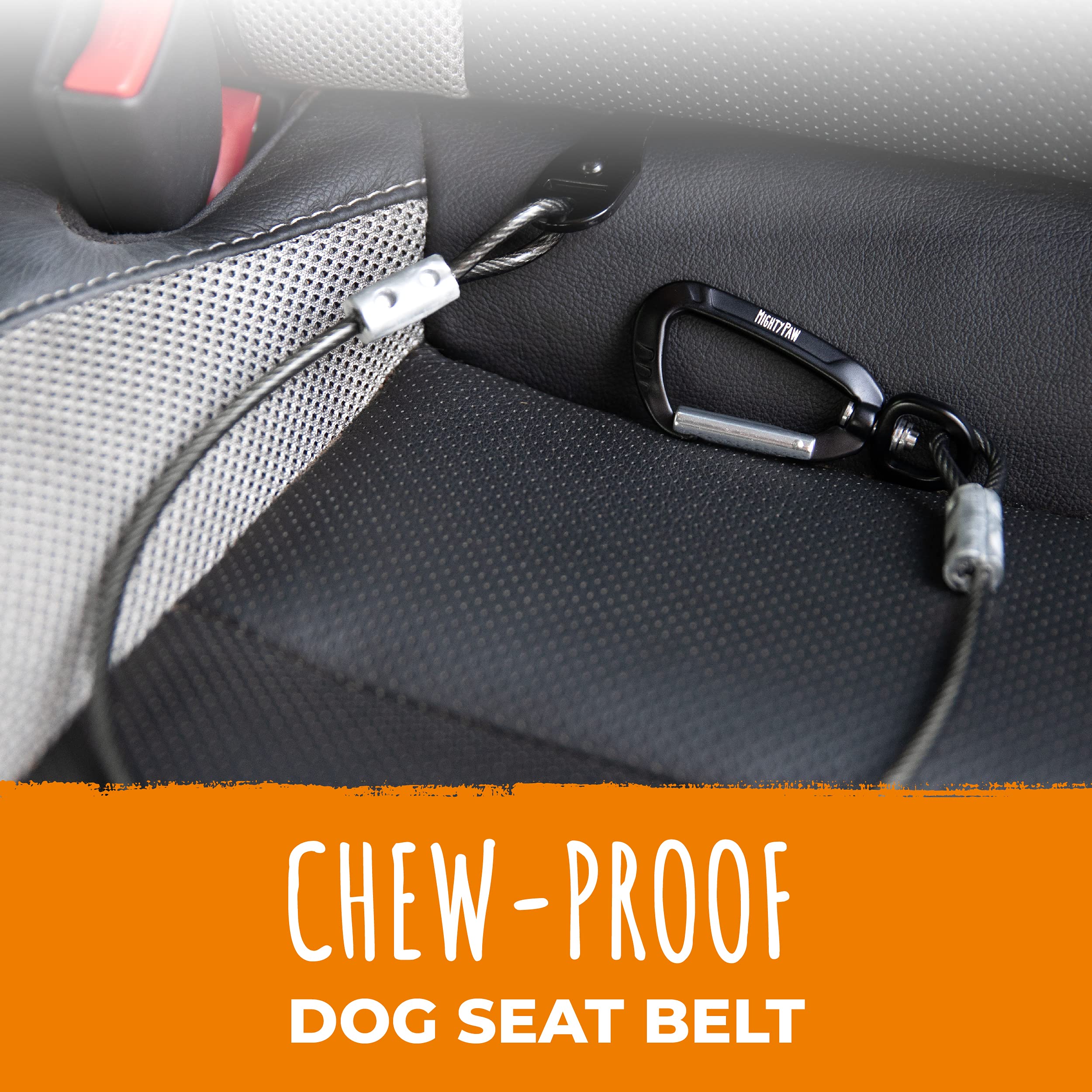 Mighty Paw Dog Seat Belt - Chew Proof Metal Pet Safety Belt, Steel Braided Vehicle Restraint, No Chew Tether Seatbelt With Rock
