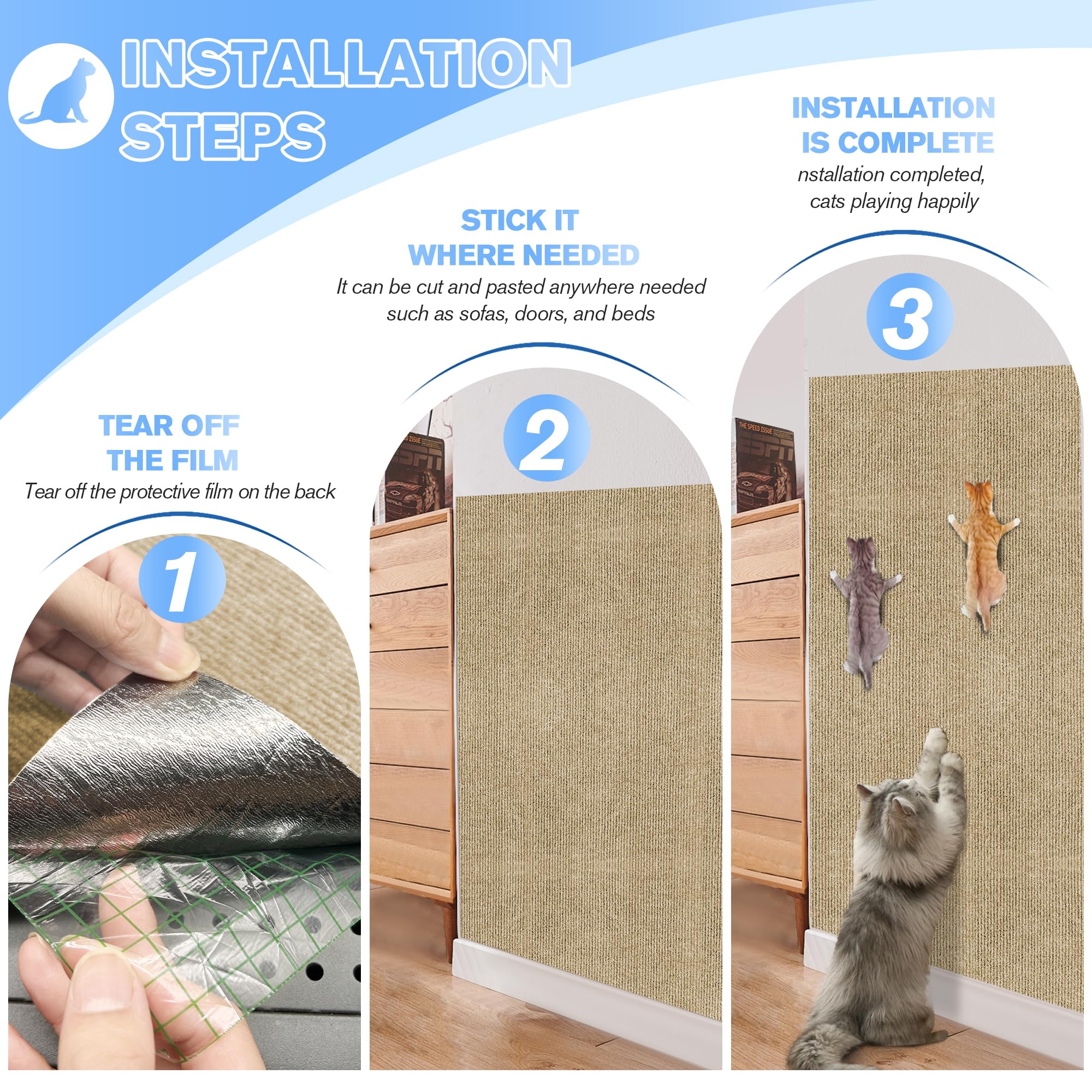 Cat Scratch Protector 2Pack,39.3''X15.7'' Cat Scratch Mat Self-Adhesive Carpet Mat Trimmable,Cat Wall Shelves Diy Cat Pad Furnit