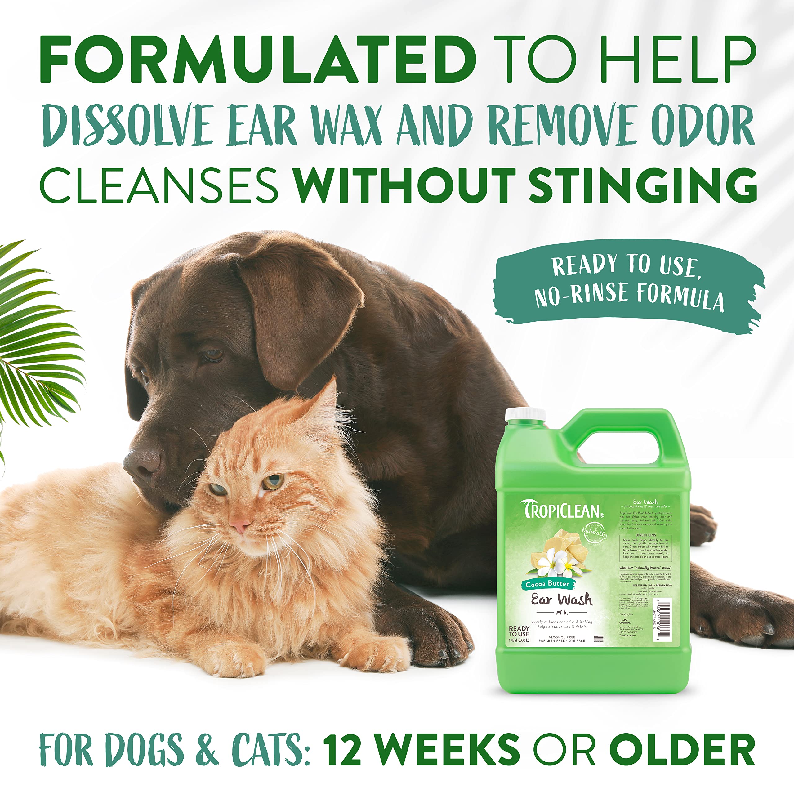 TropiClean Cocoa Butter Ear Wash for Dogs & Cats | Alcohol Free Dog Ear Cleaner Solution | Pet Ear Wash Derived from Natural Ing